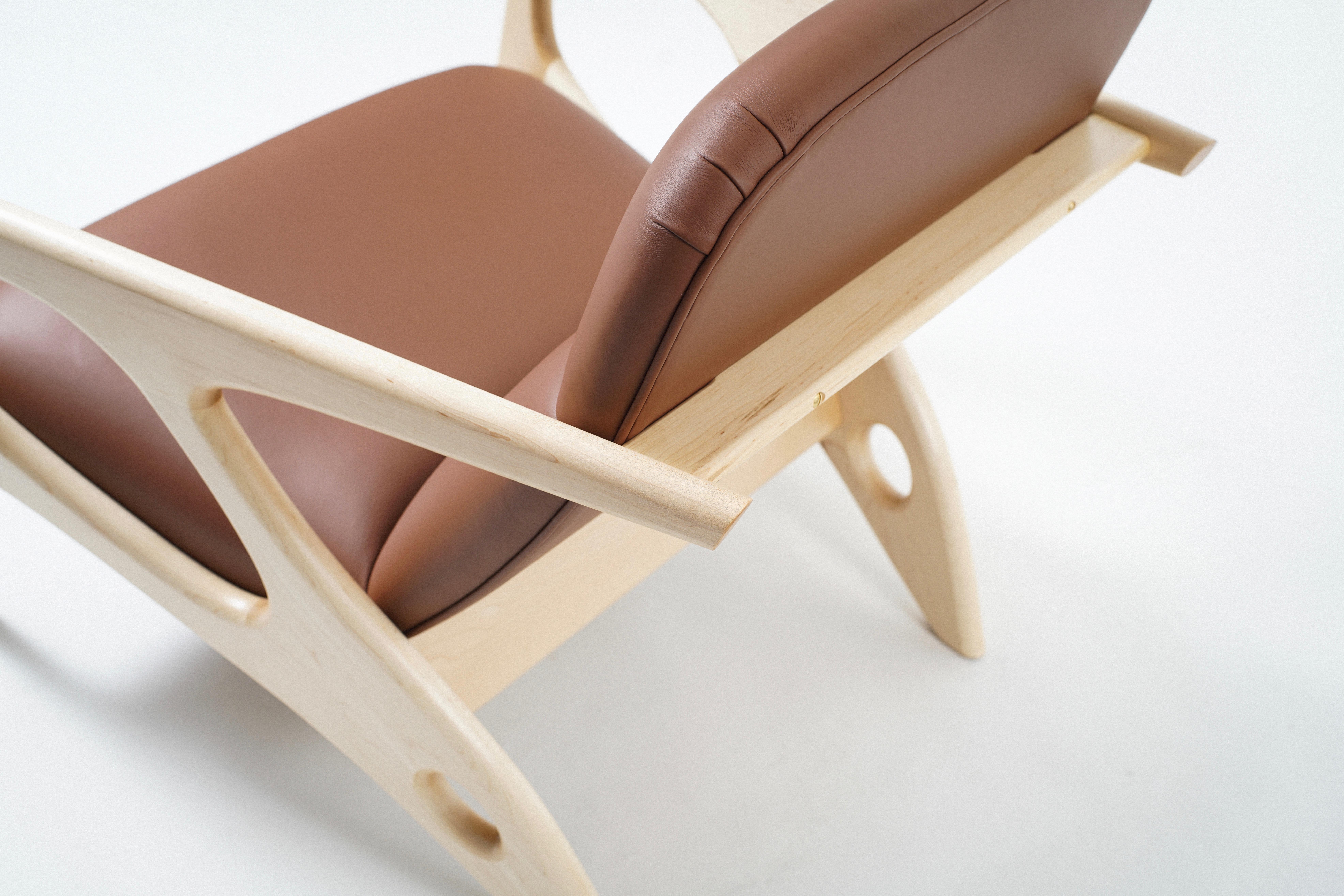Joinery Osprey Lounge Chair with Maple Frame and Leather Upholstery For Sale