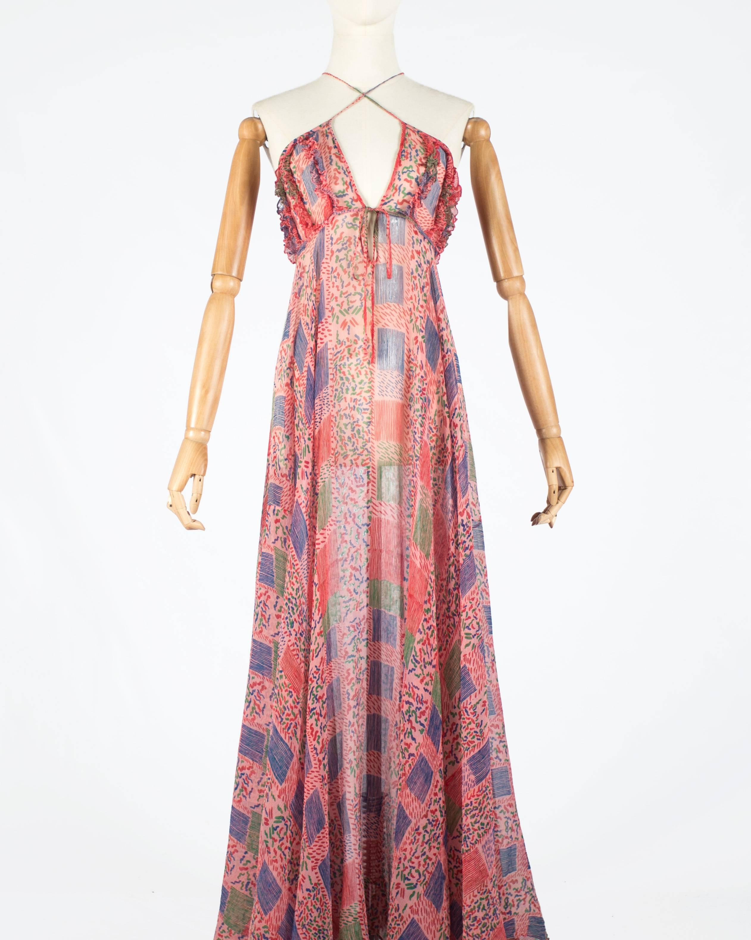 Ossie Clark / Celia Birtwell chiffon maxi dress with criss-cross lacing, c1976 In Excellent Condition In London, GB