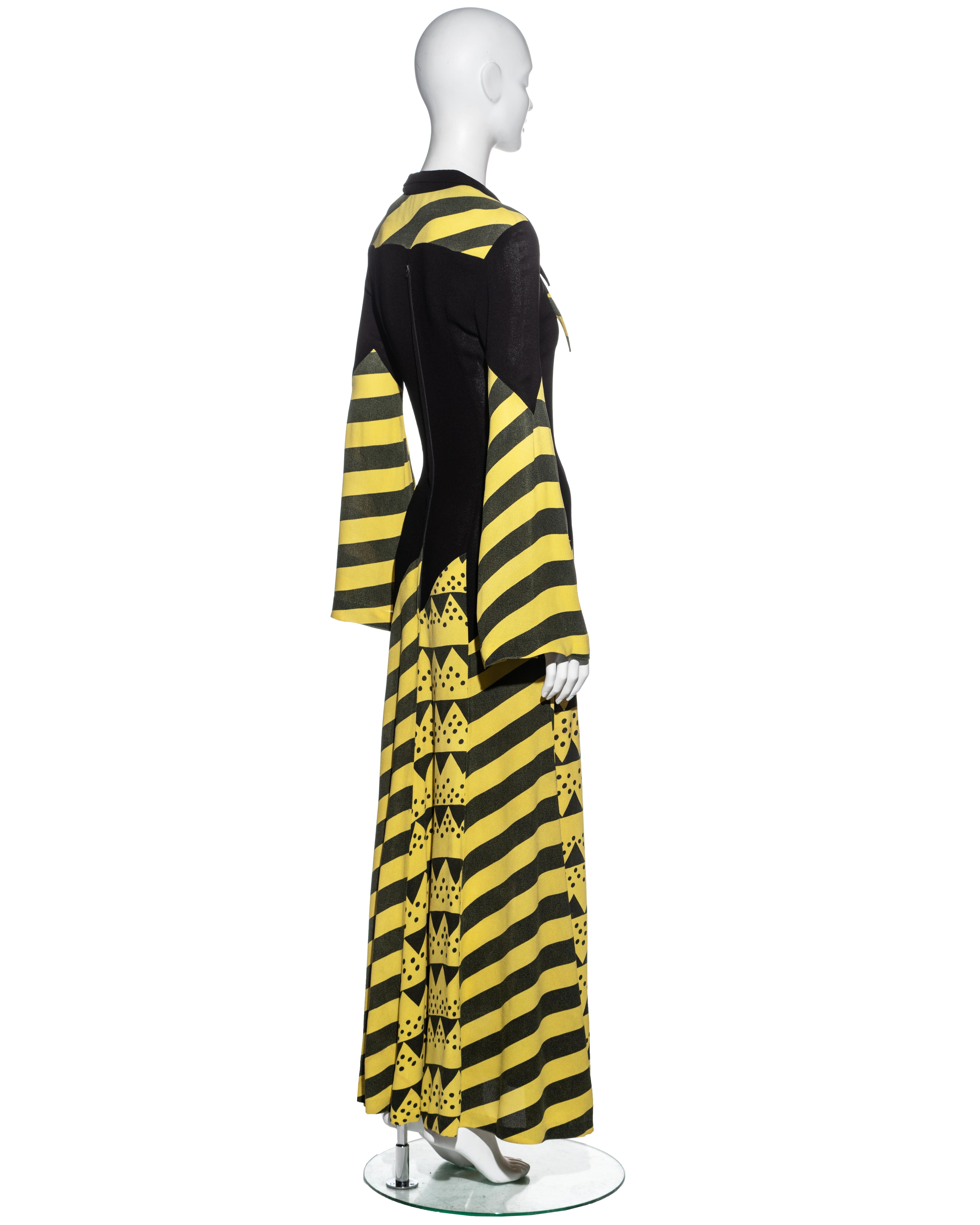 Black Ossie Clark black and yellow moss crepe trumpet sleeve maxi dress, ss 1969