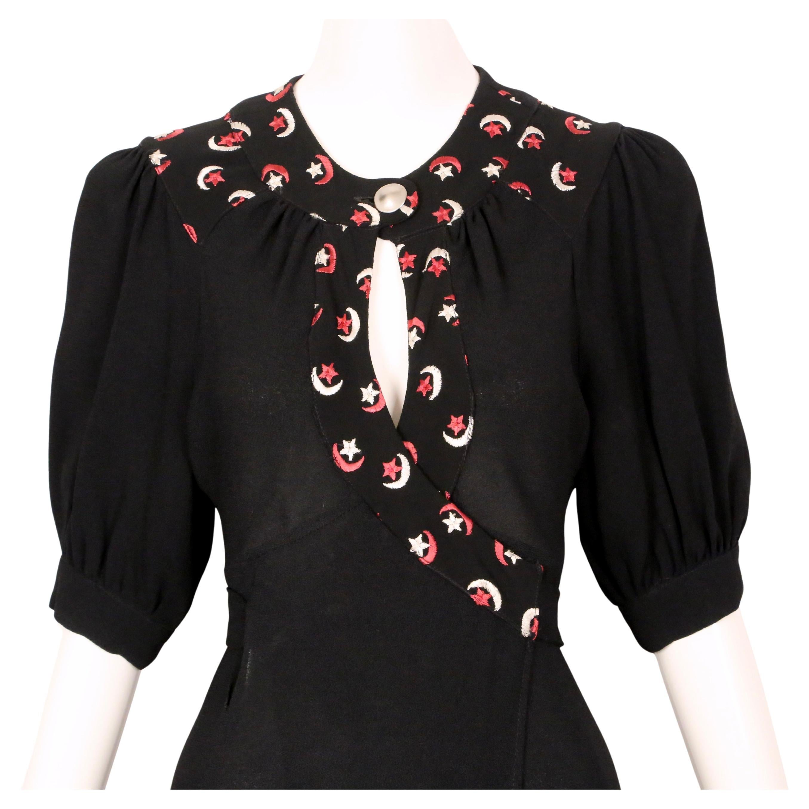 Black OSSIE CLARK black moss crepe dress with embroidered moons & stars For Sale