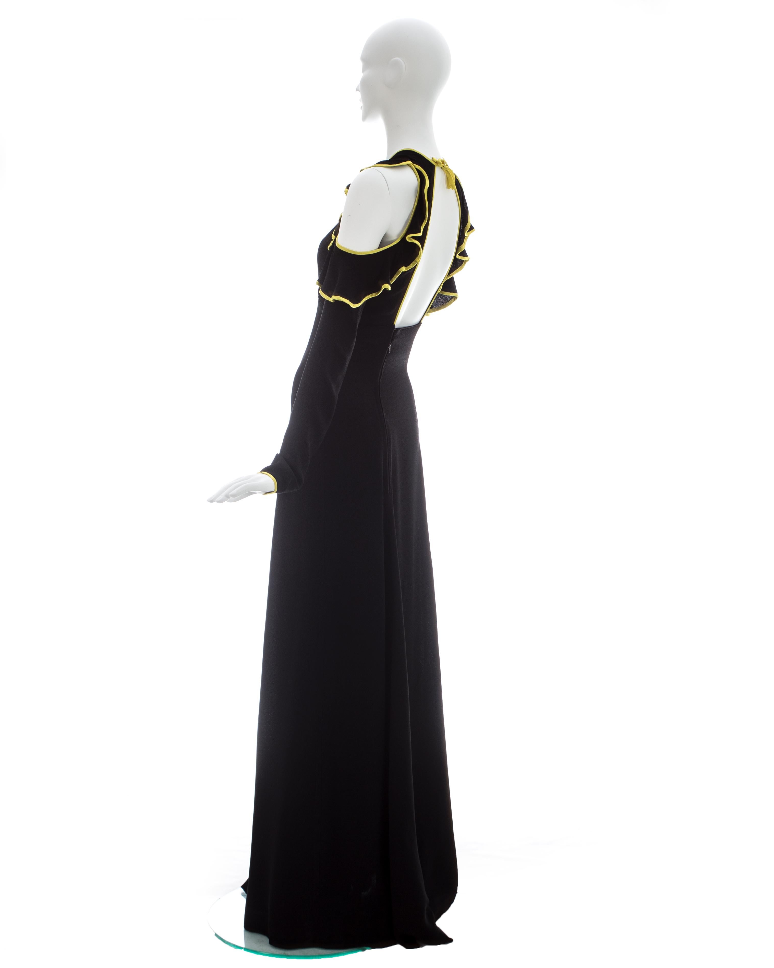 Ossie Clark black moss crepe 'Judy' dress edged in yellow satin, ca. 1970 In Good Condition In London, London