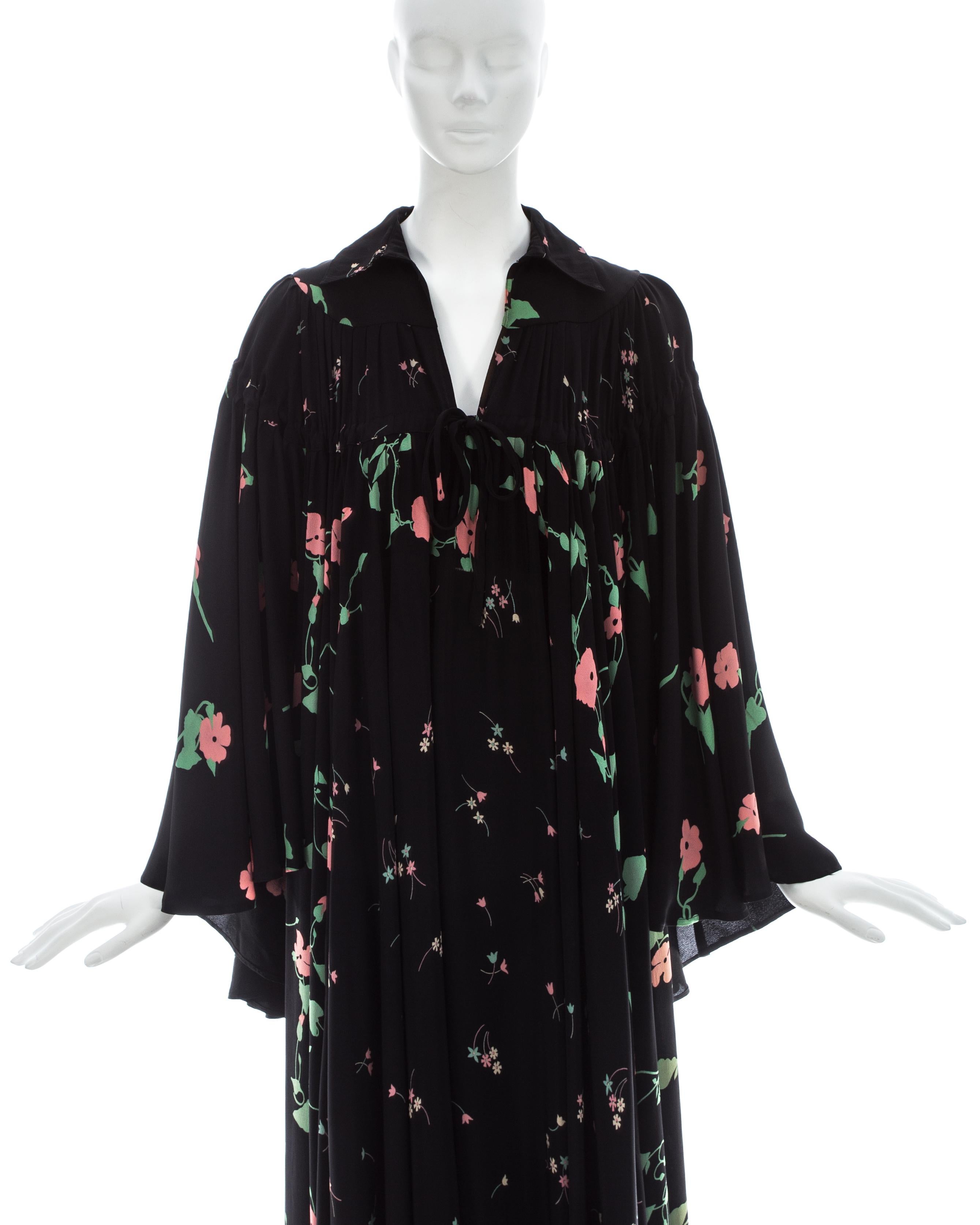 Black Ossie Clark black silk floral printed bell sleeve dress, ca. 1971 For Sale