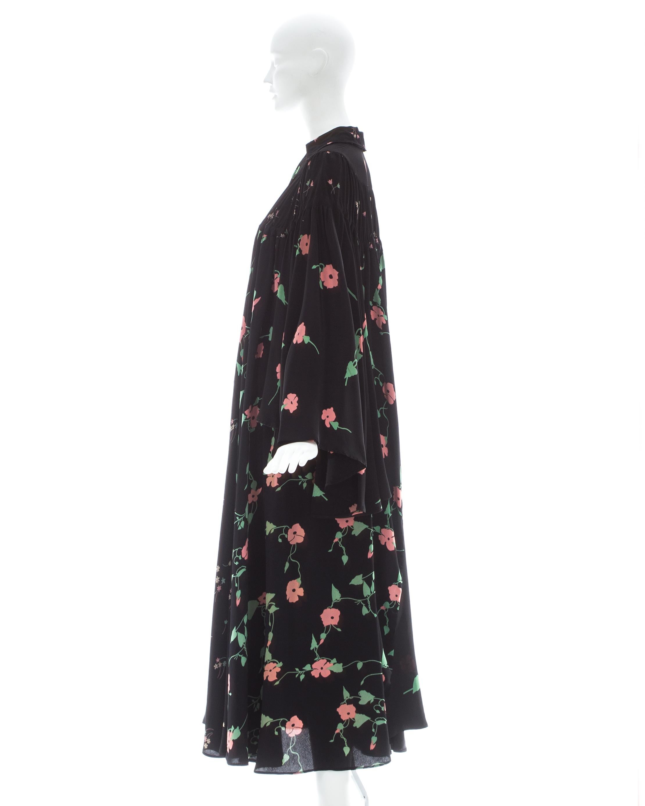 Women's Ossie Clark black silk floral printed bell sleeve dress, ca. 1971 For Sale