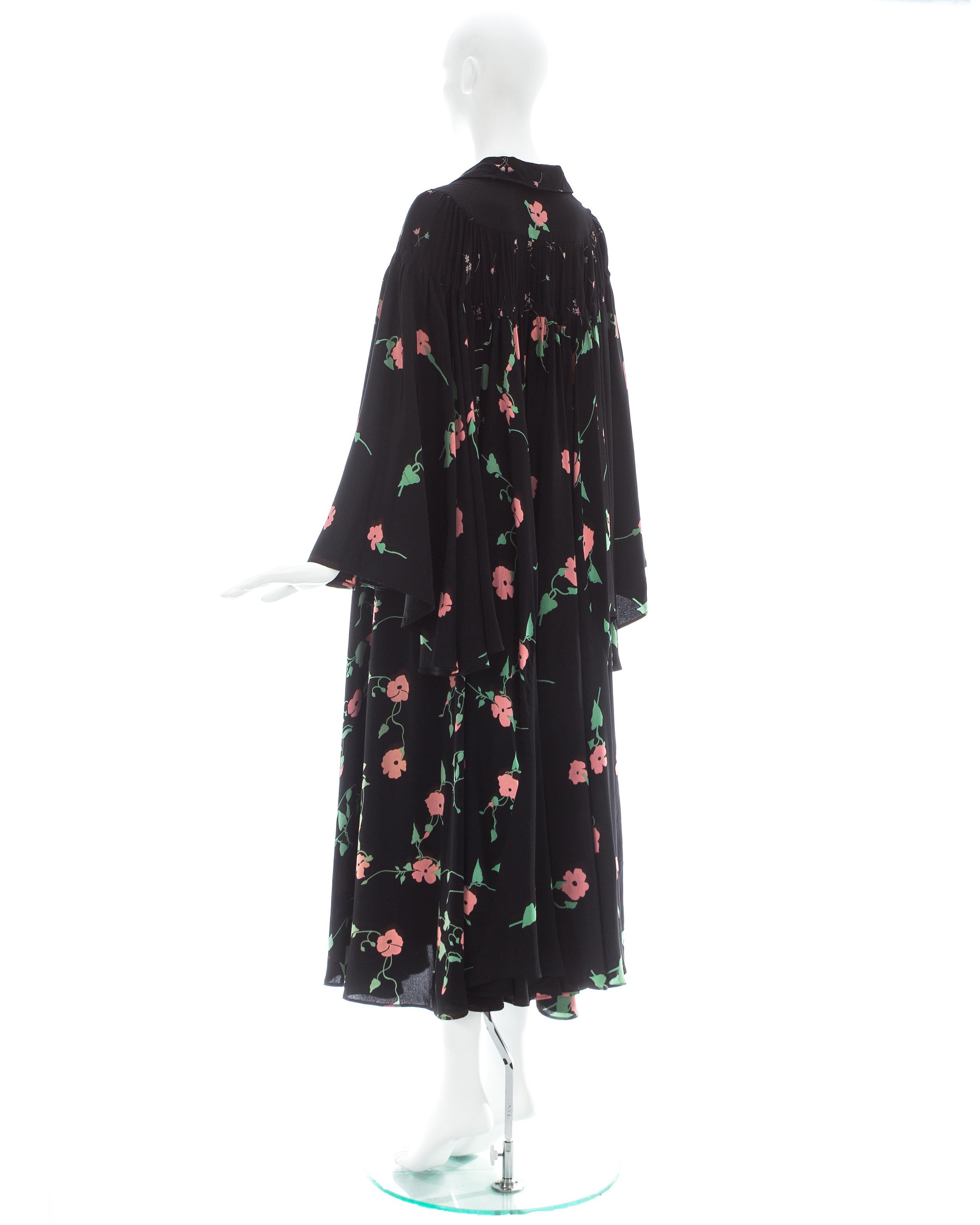 Ossie Clark black silk floral printed bell sleeve dress, ca. 1971 For Sale 1