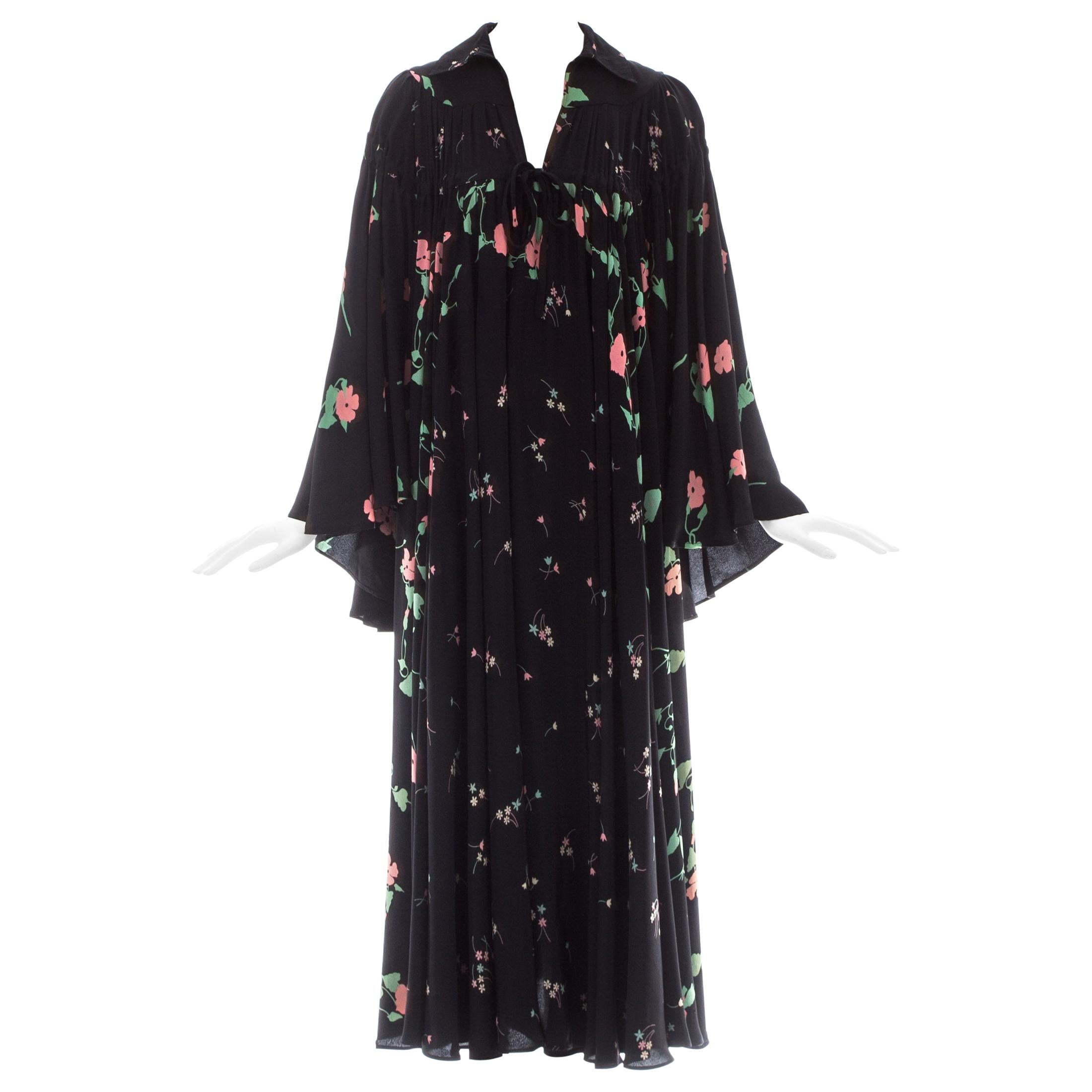 Ossie Clark black silk floral printed bell sleeve dress, ca. 1971 For Sale