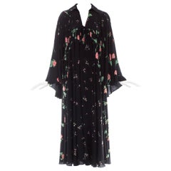 Retro Ossie Clark black silk floral printed bell sleeve dress, ca. 1971