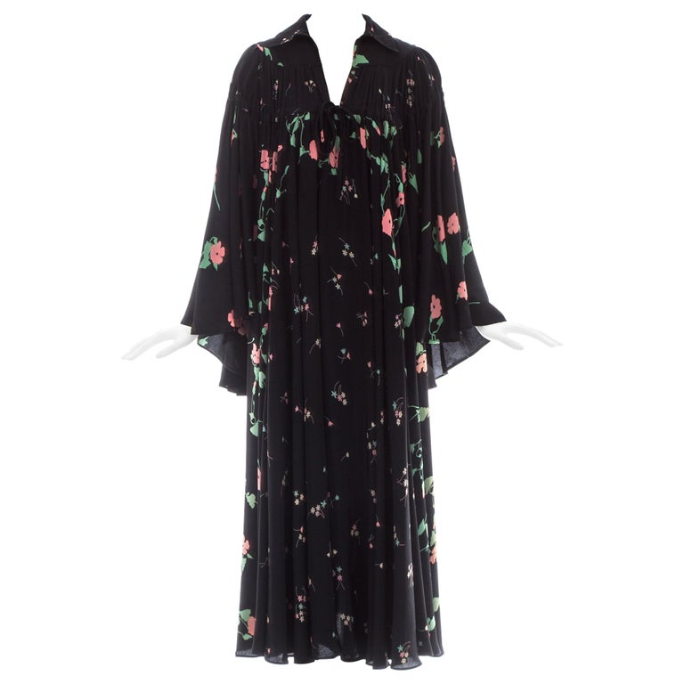 Ossie Clark black silk floral printed bell sleeve dress, ca. 1971 For ...
