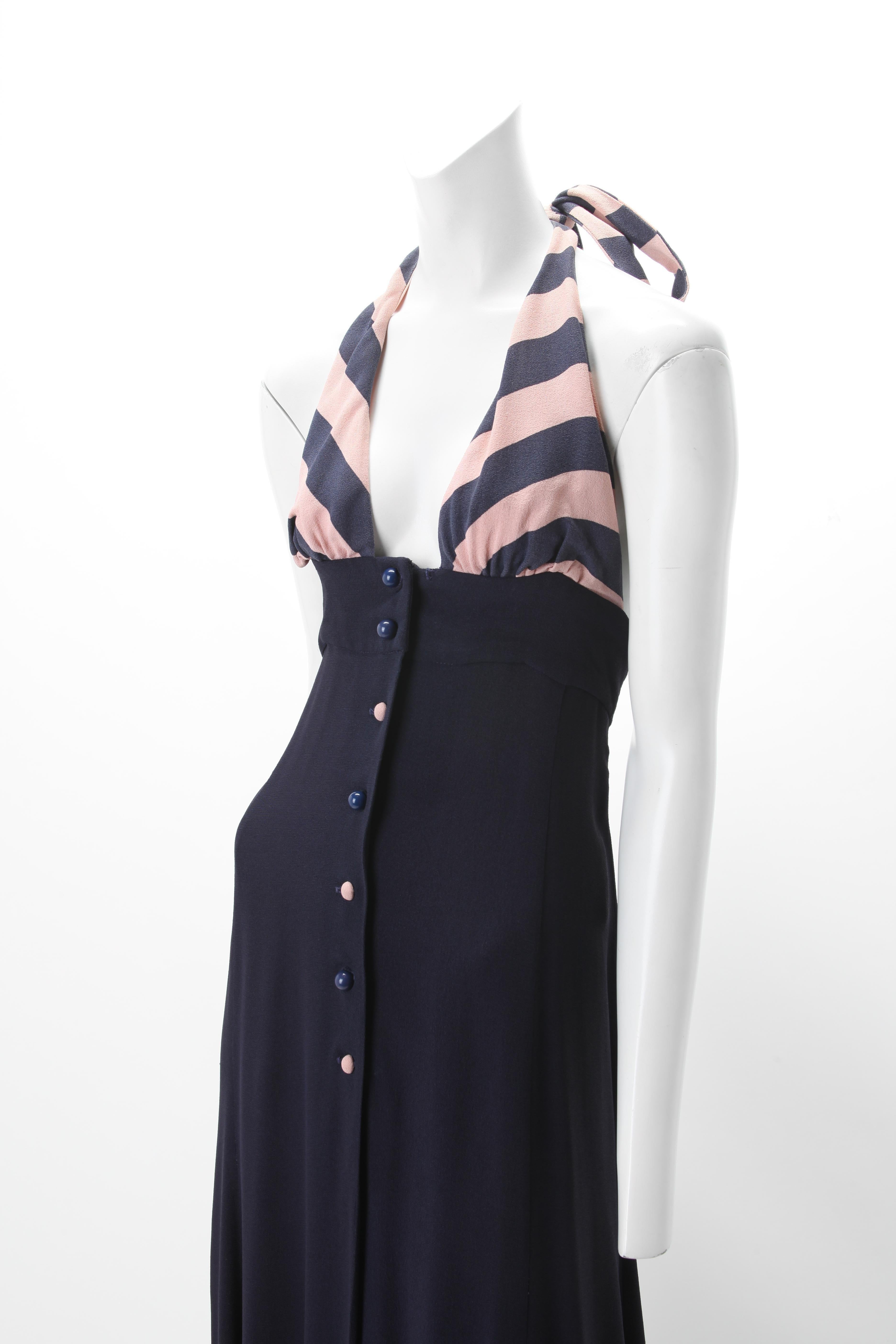 Ossie Clark Celia Birtwell Moss Crepe Halter Dress c. 1970s  UK 34; Navy and Blush Empire Halter Dress with Self Ties at Neck; Matching Center Front Button Closure.
