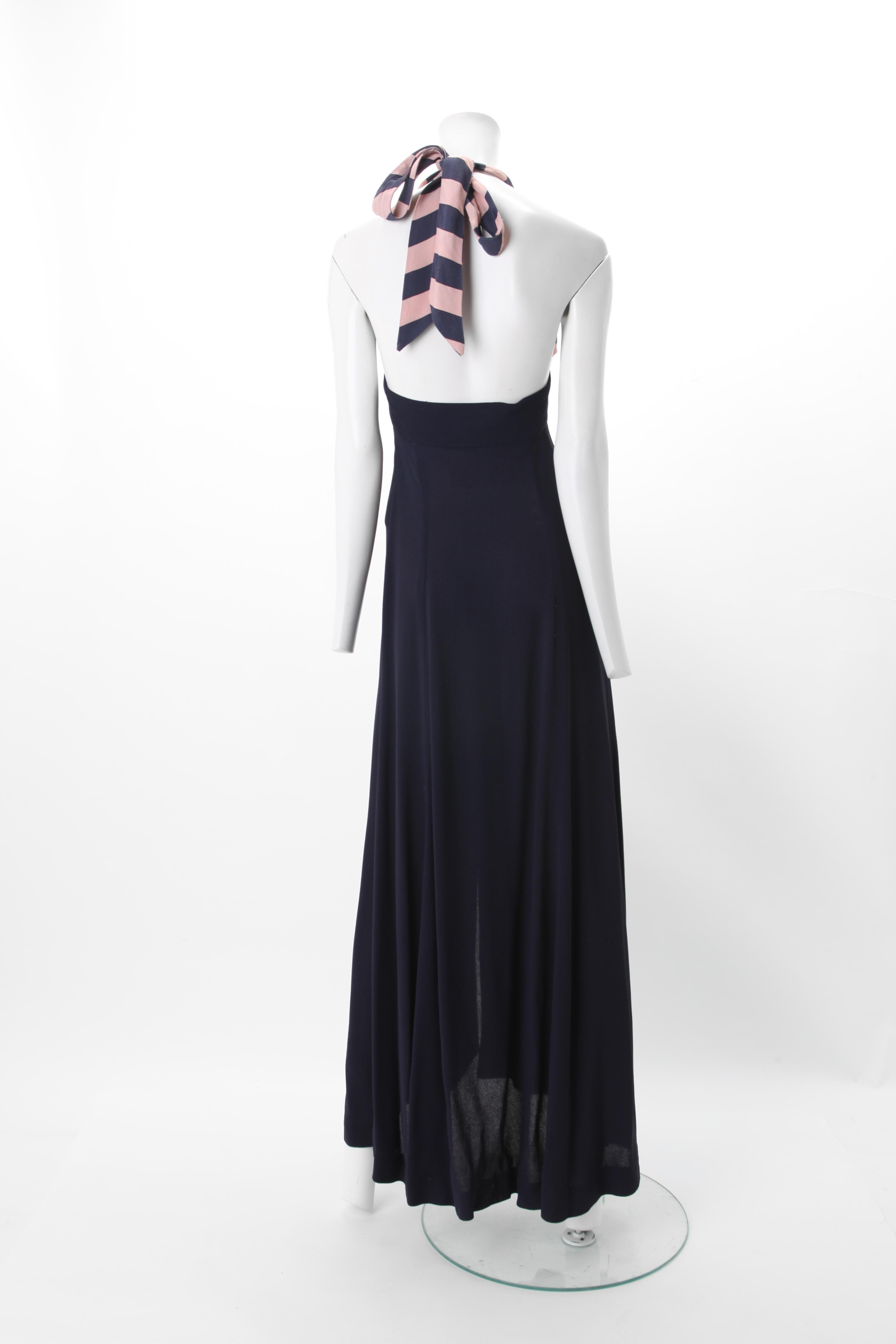 Black Ossie Clark Celia Birtwell Moss Crepe Halter Dress c. 1970s  UK 34