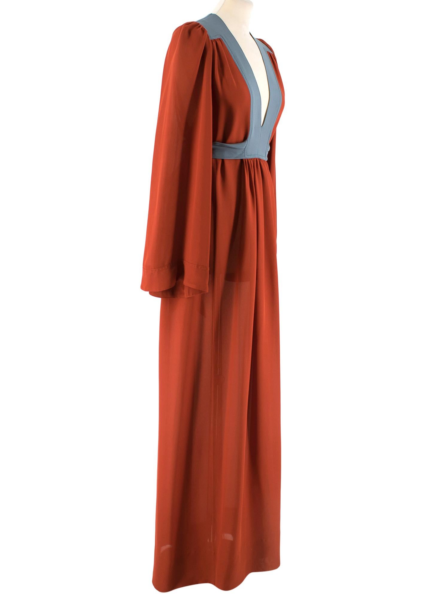 Ossie Clark orange oversized dress made of silk featuring a v-neck in grey and long sleeves. 

- Semi-transparent lightweight design
- Loose fit
- Fluted sleeves
Fabric:
- 100% silk

- Dry clean only
- Made in China

Please note, these items are