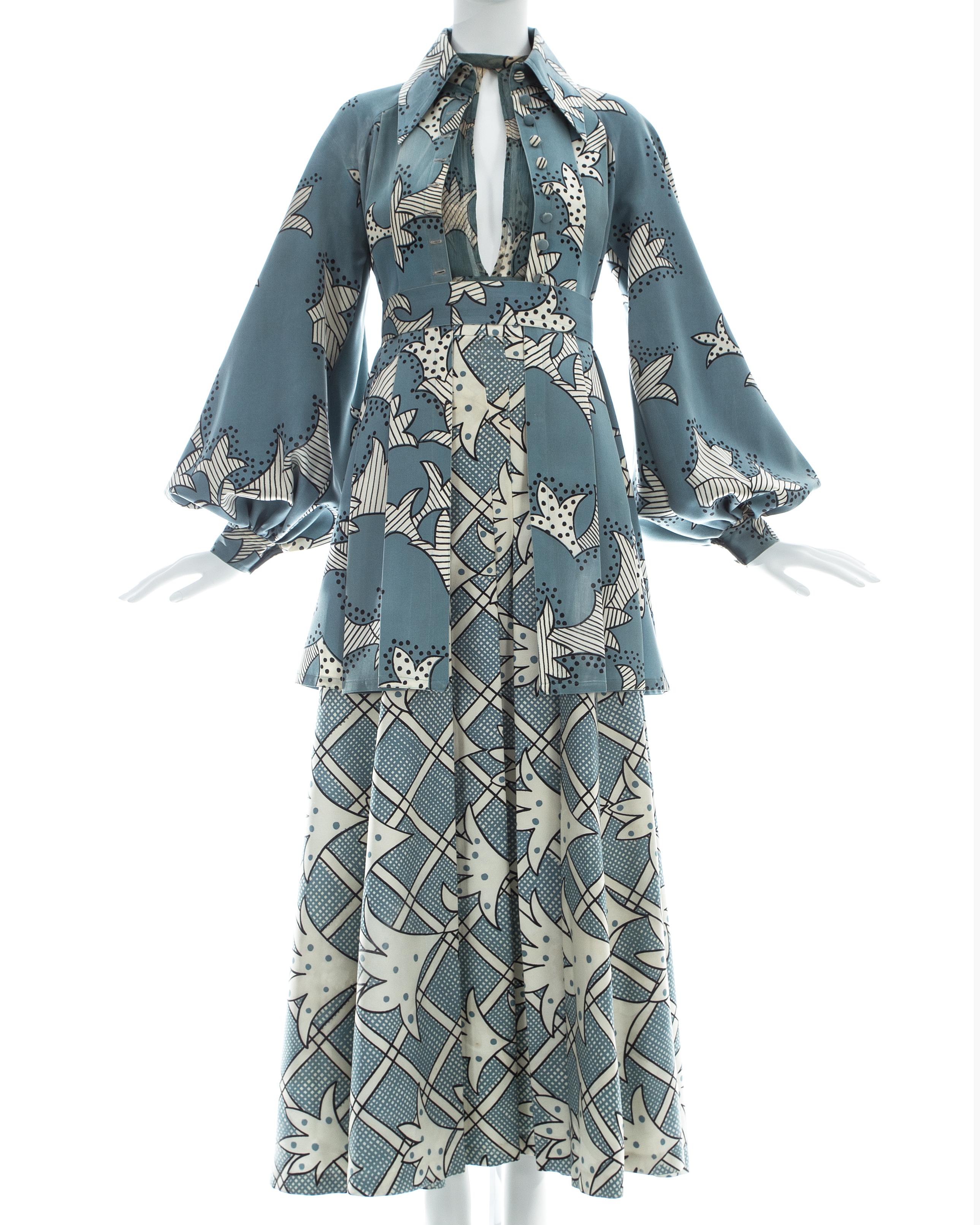 - High waisted full skirt 
- Chiffon pleated blouse with open back 
- Swing coat with fabric button closures and billowing bishop sleeves 
- Print by Celia Birtwell 

c. 1969 