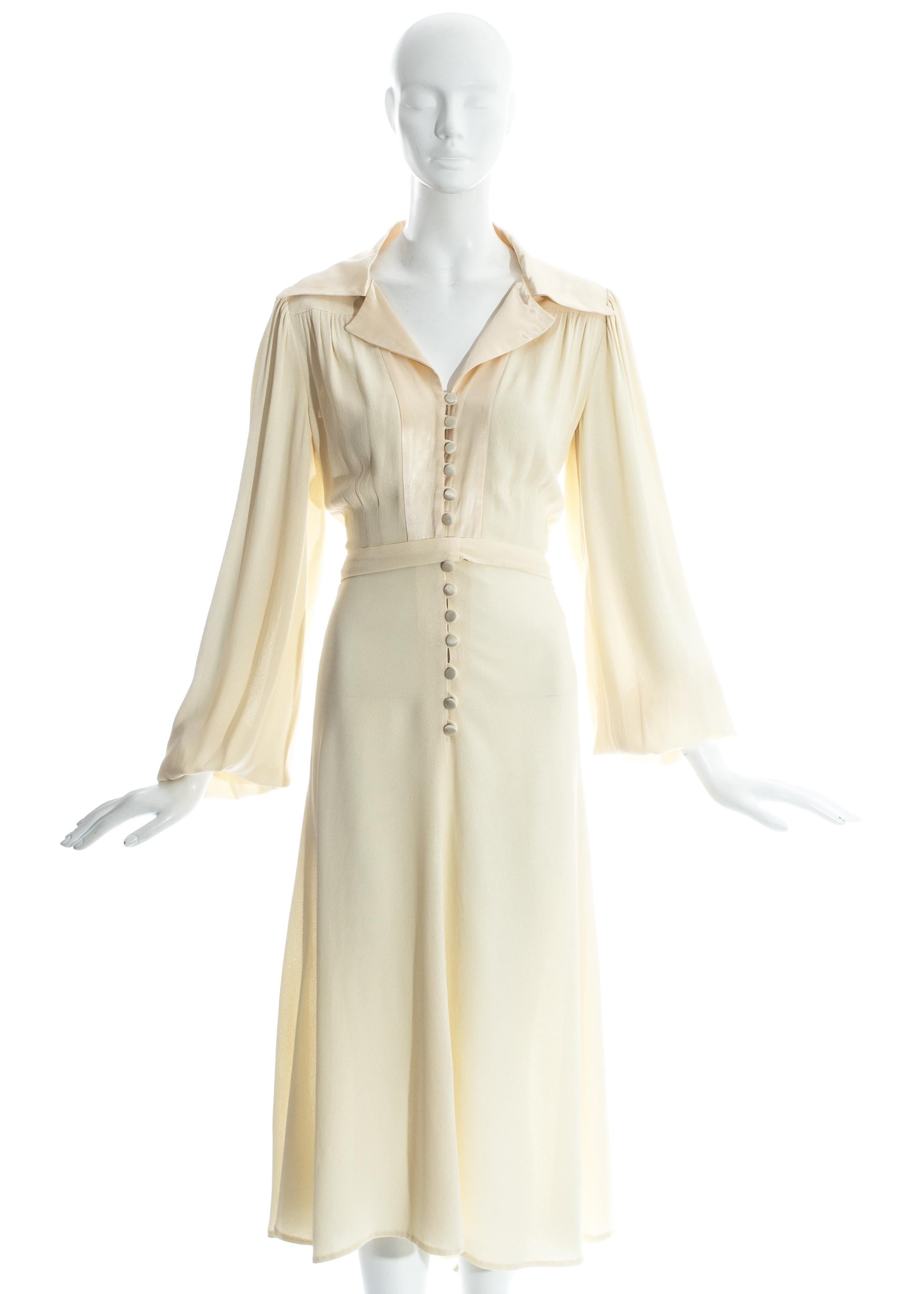 Ossie Clark cream moss crepe dress with satin collar and buttons. 

c. 1970