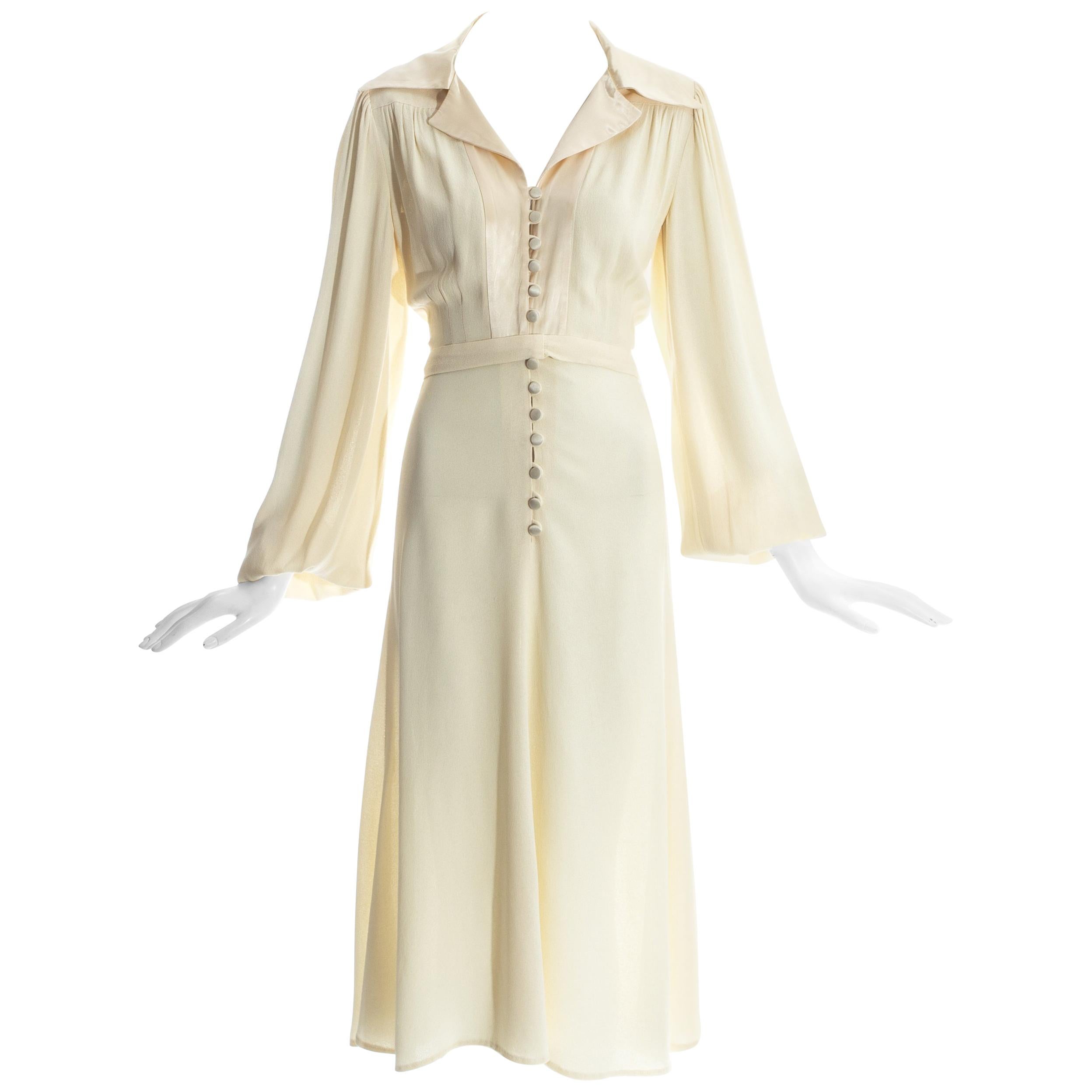 Ossie Clark cream moss crepe and satin button up dress, c. 1970