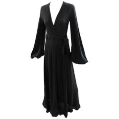 Ossie Clark for Quorum Black Cuddle Maxi Open Back Moss Crepe Wrap Dress UK 10