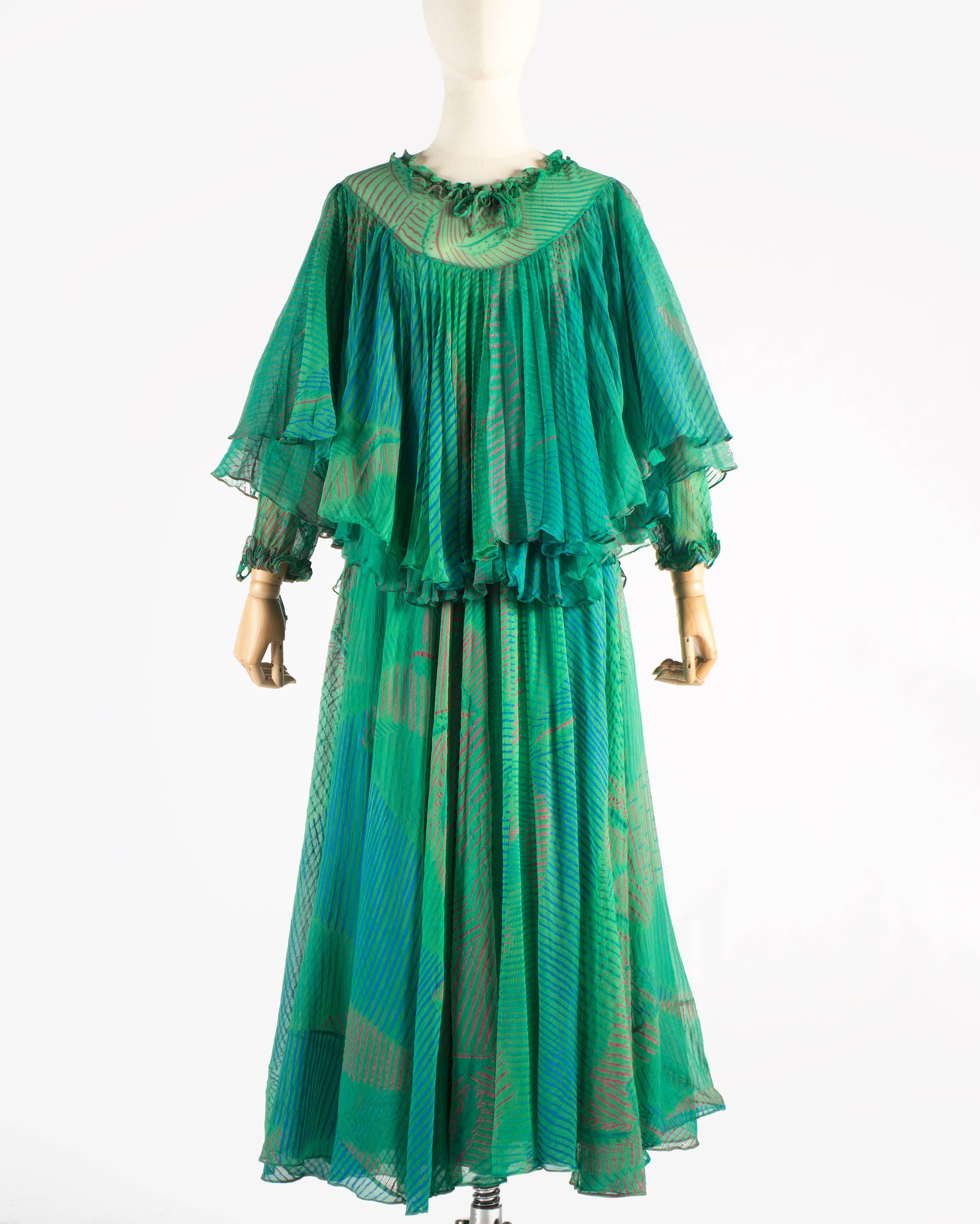 Green Ossie Clark green silk evening dress with print by Celia Birtwell, c. 1976