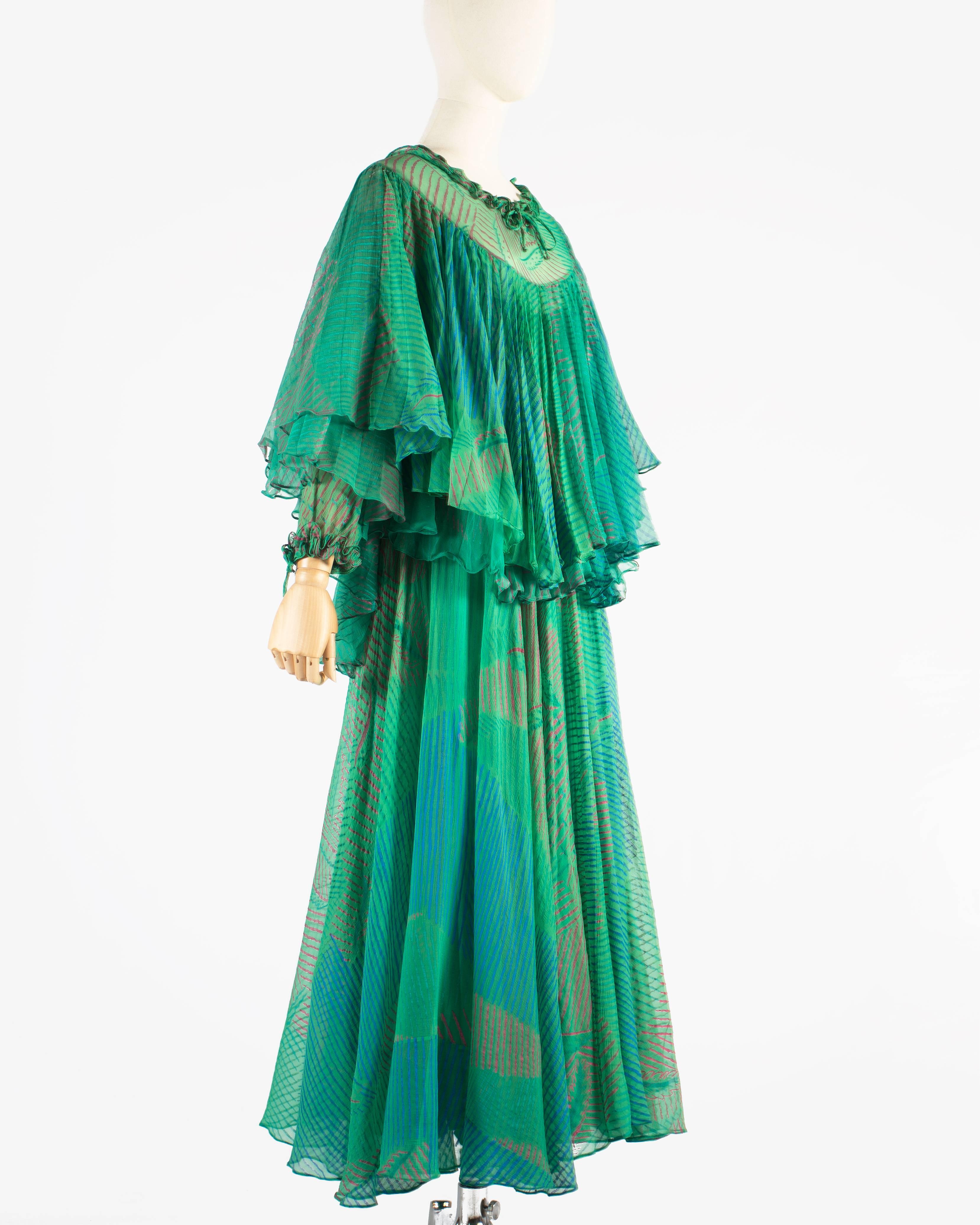 Ossie Clark green silk evening dress with print by Celia Birtwell, c. 1976 1