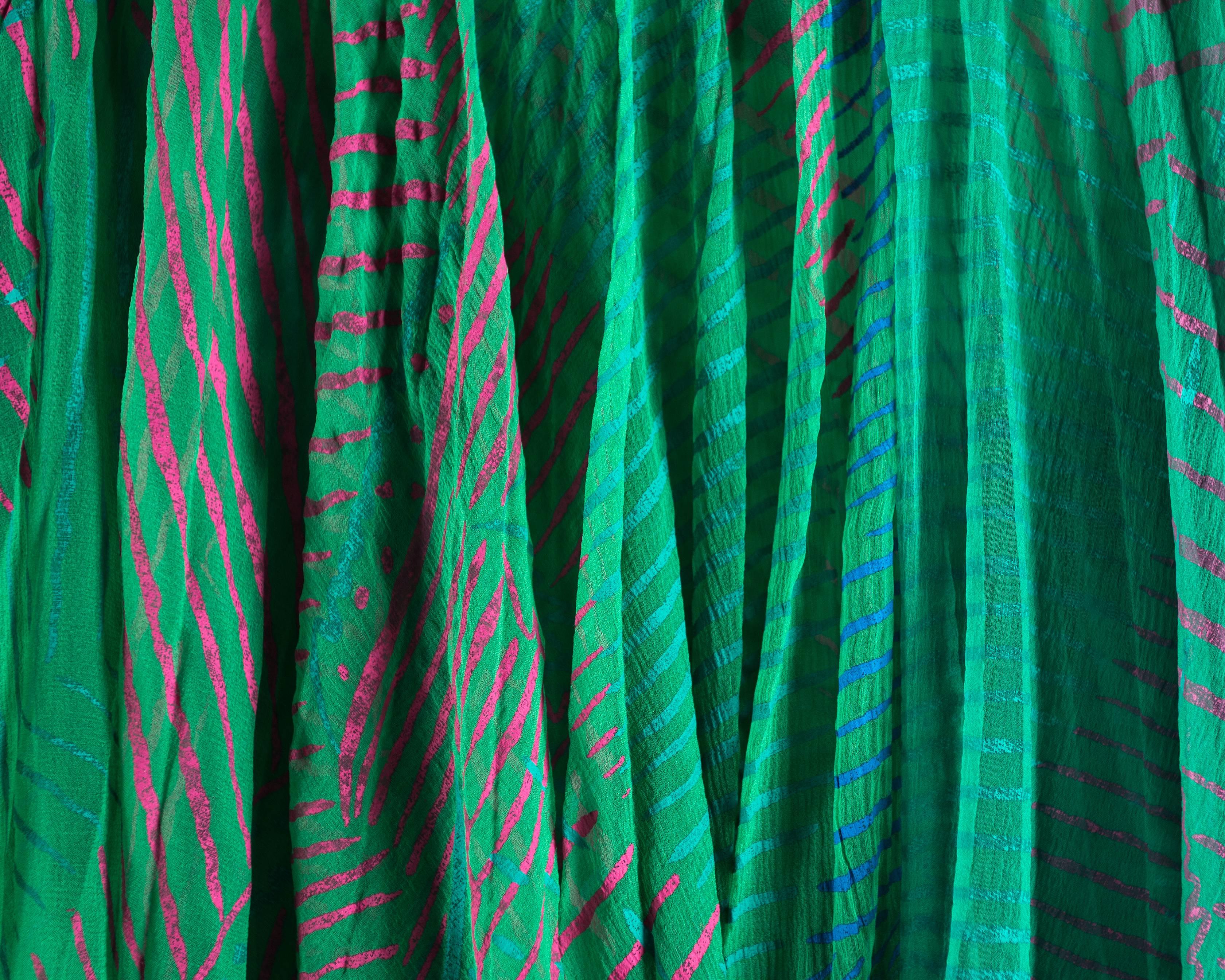Ossie Clark green silk evening dress with print by Celia Birtwell, c. 1976 2
