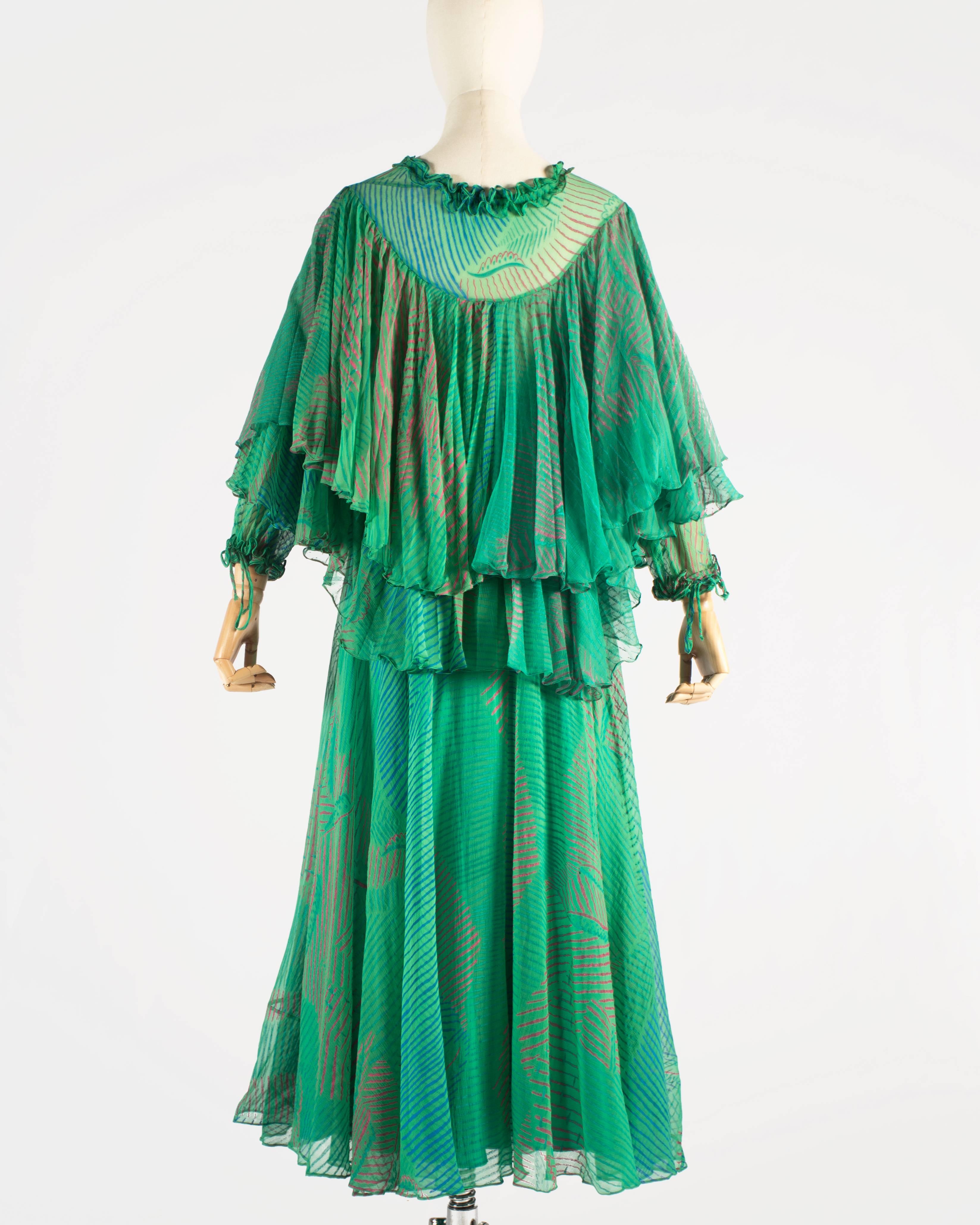 Ossie Clark green silk evening dress with print by Celia Birtwell, c. 1976 3