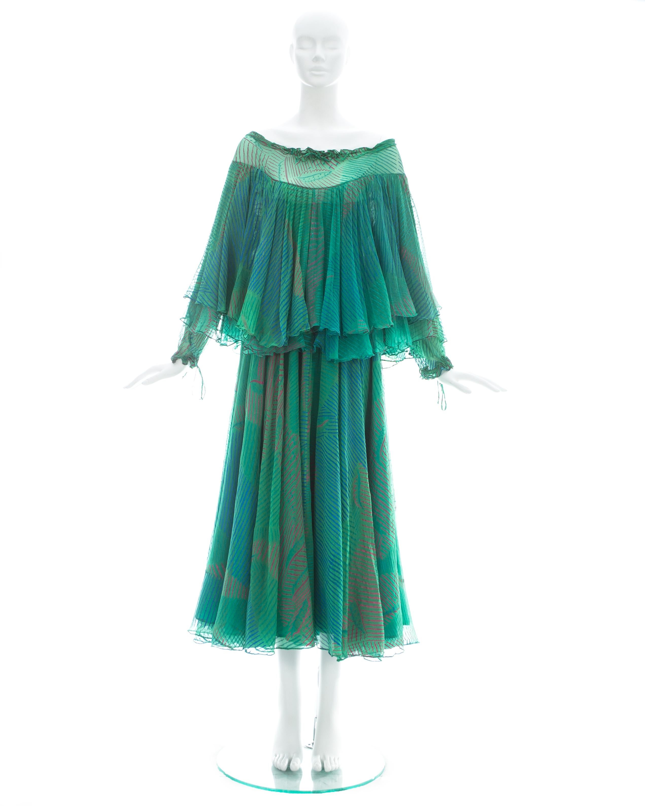 Ossie Clark Green silk screen printed chiffon off-the shoulder dress with drawstring fastenings and silk lining 

Spring-Summer 1976 

