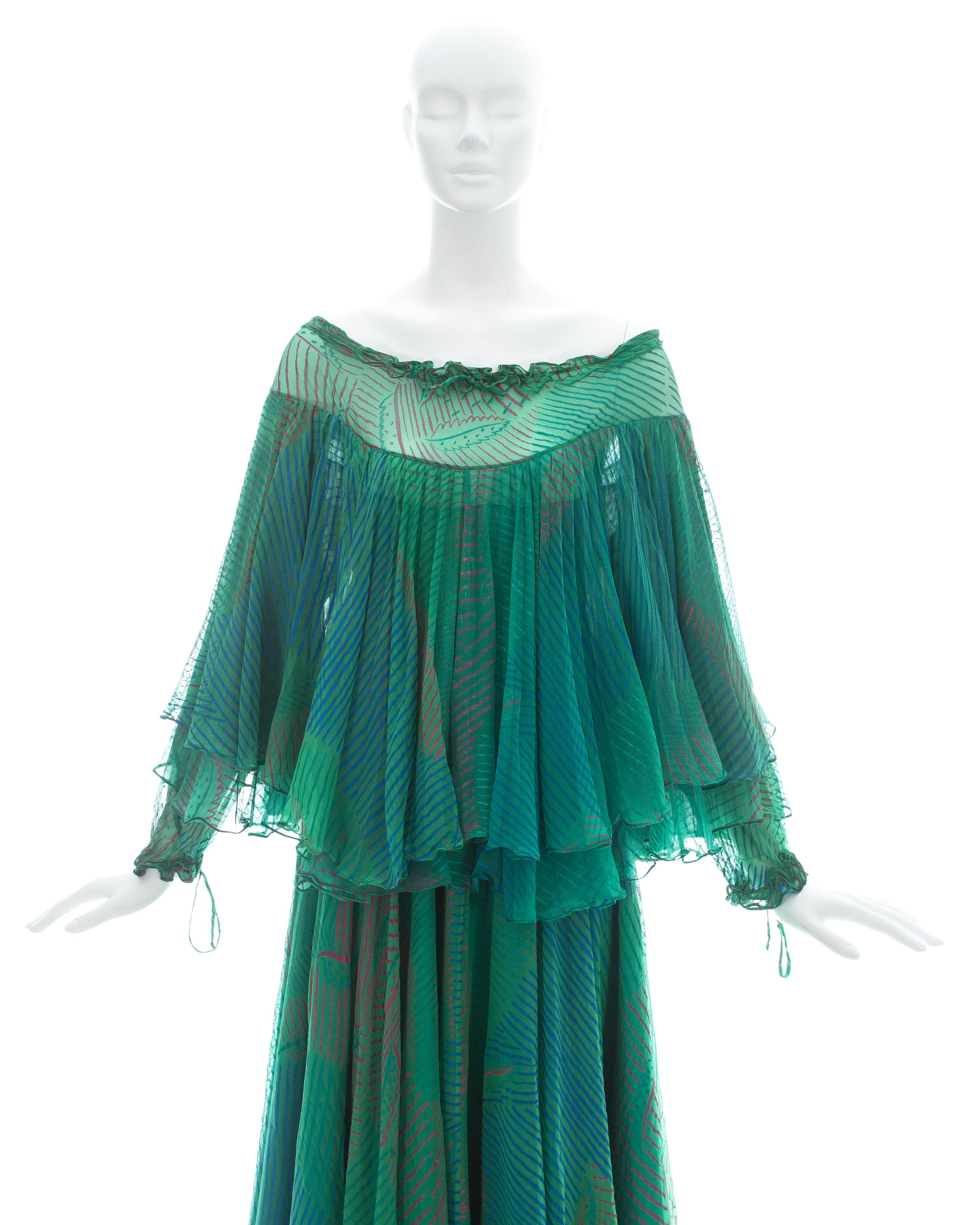 Green Ossie Clark green silk screen printed off the shoulder dress, ca. 1976