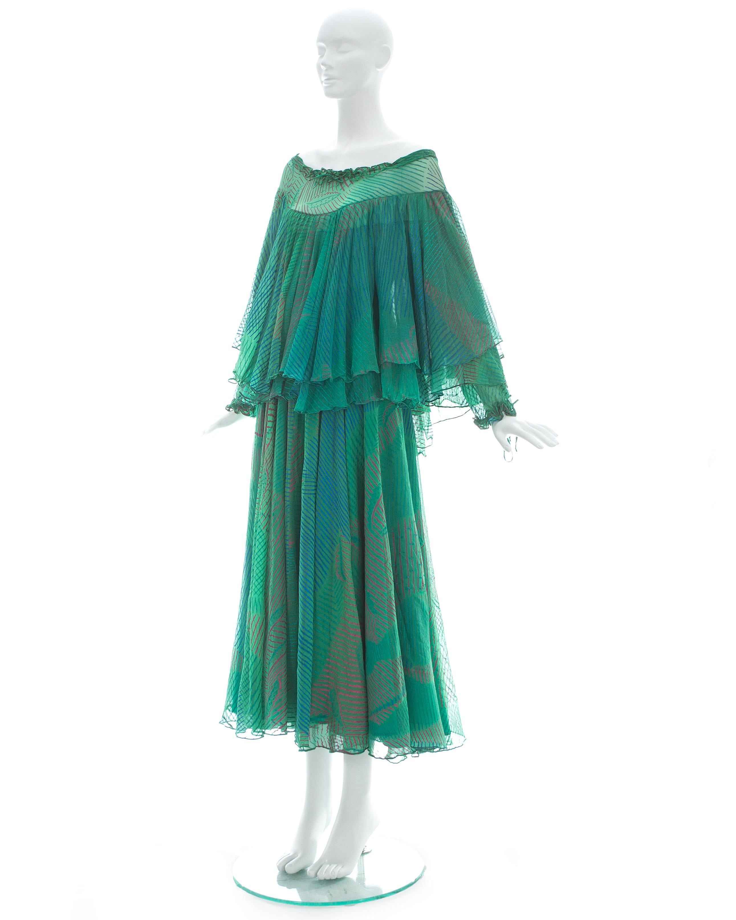 Ossie Clark green silk screen printed off the shoulder dress, ca. 1976 In Good Condition In London, London