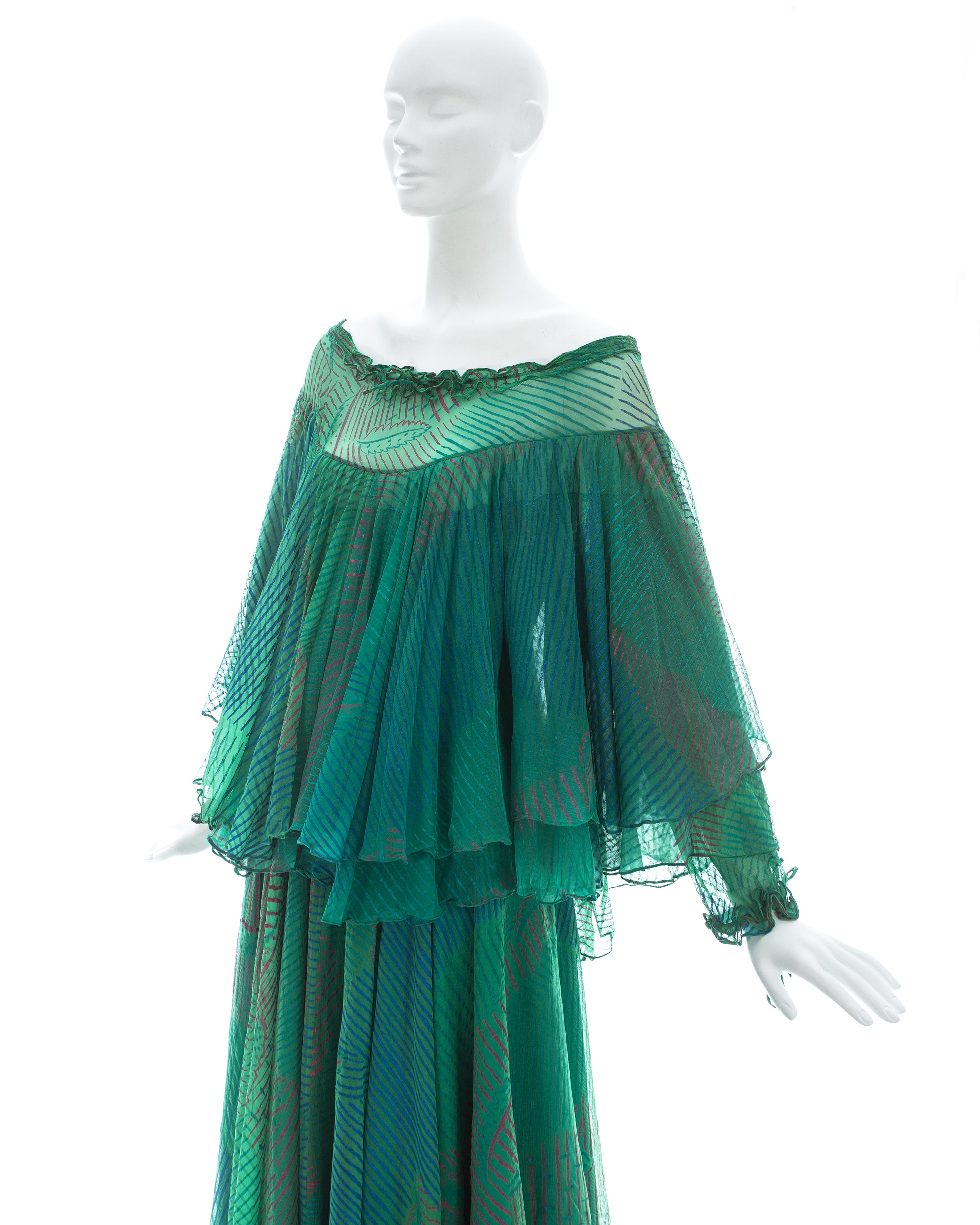Women's Ossie Clark green silk screen printed off the shoulder dress, ca. 1976