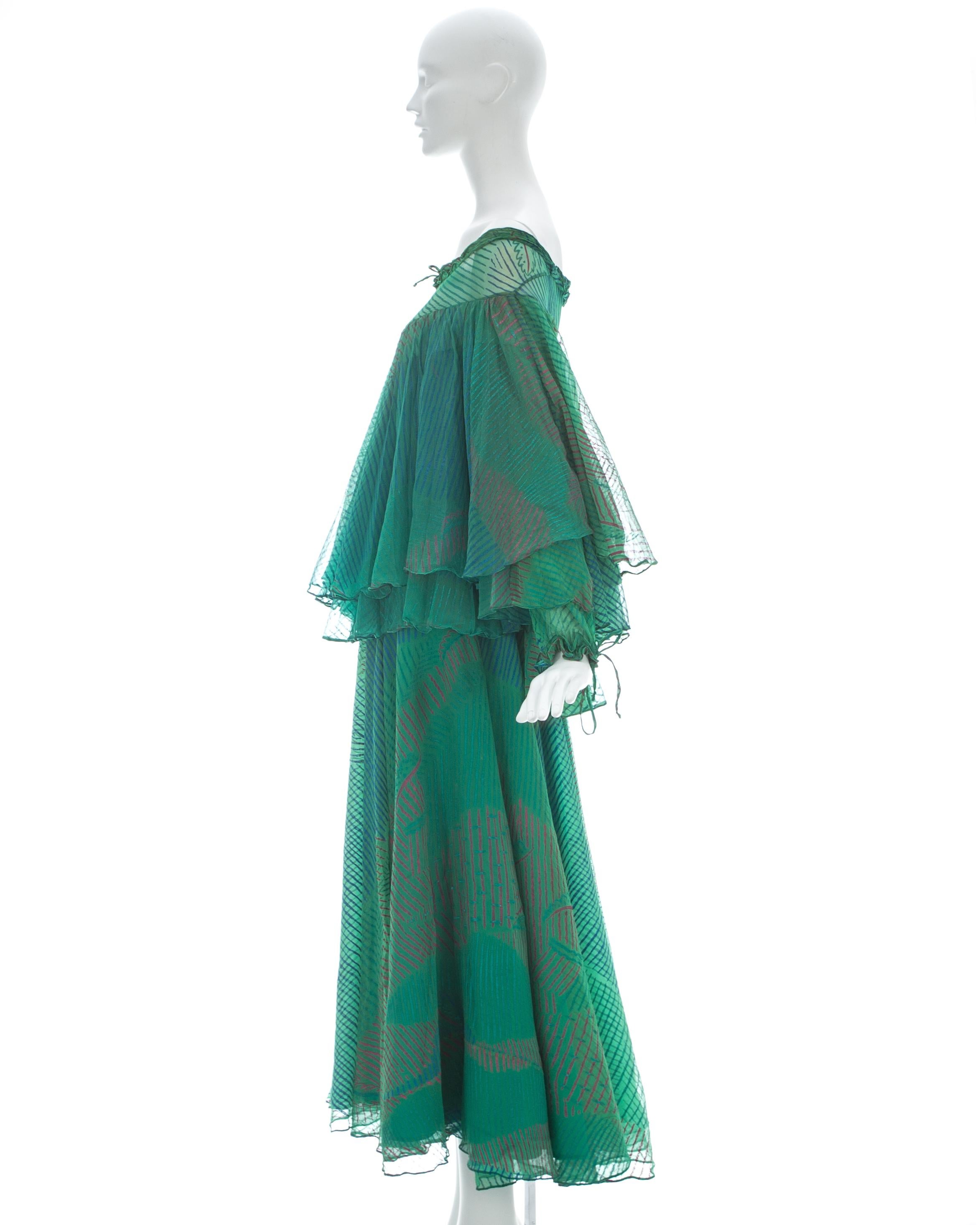 Ossie Clark green silk screen printed off the shoulder dress, ca. 1976 1