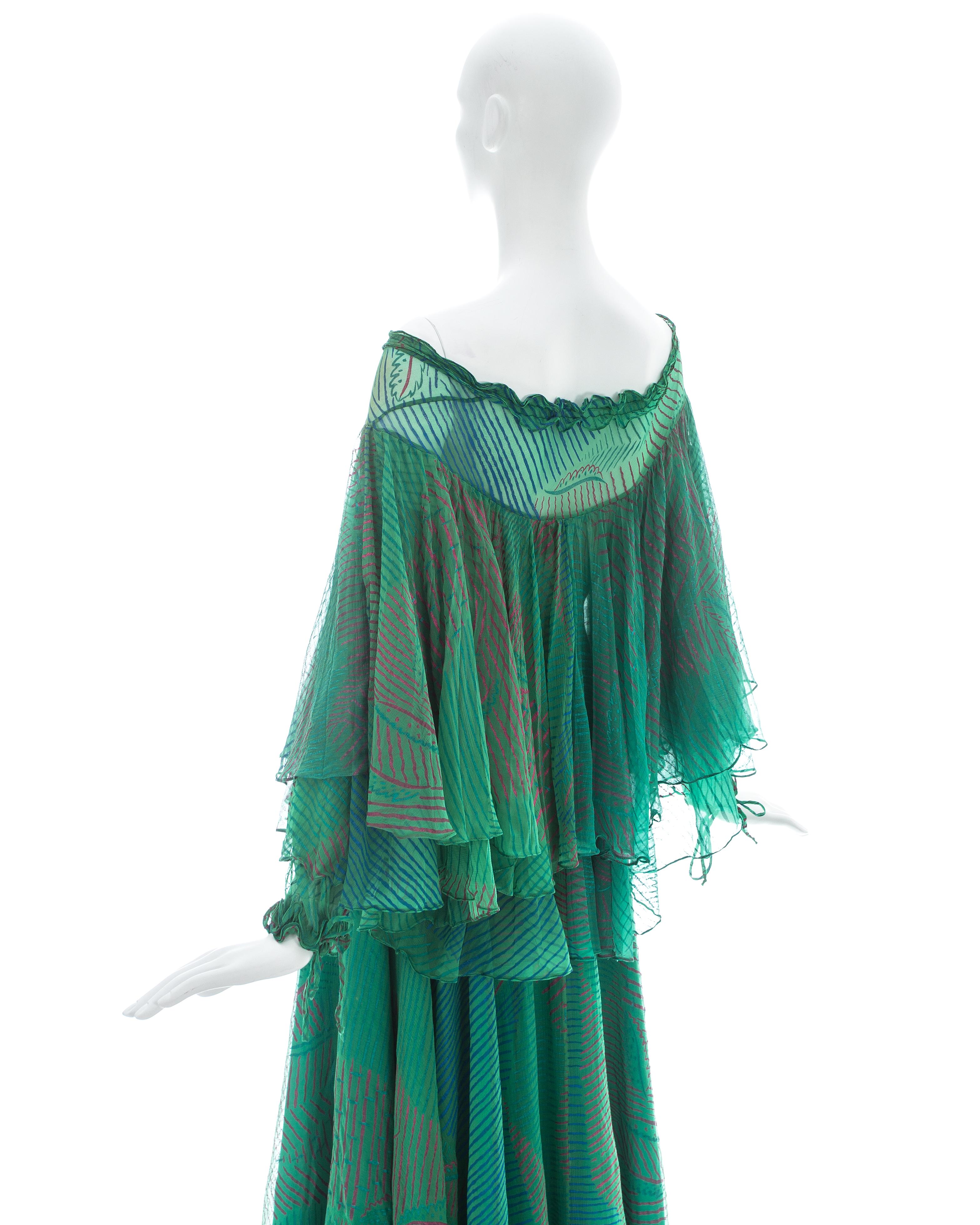 Ossie Clark green silk screen printed off the shoulder dress, ca. 1976 2