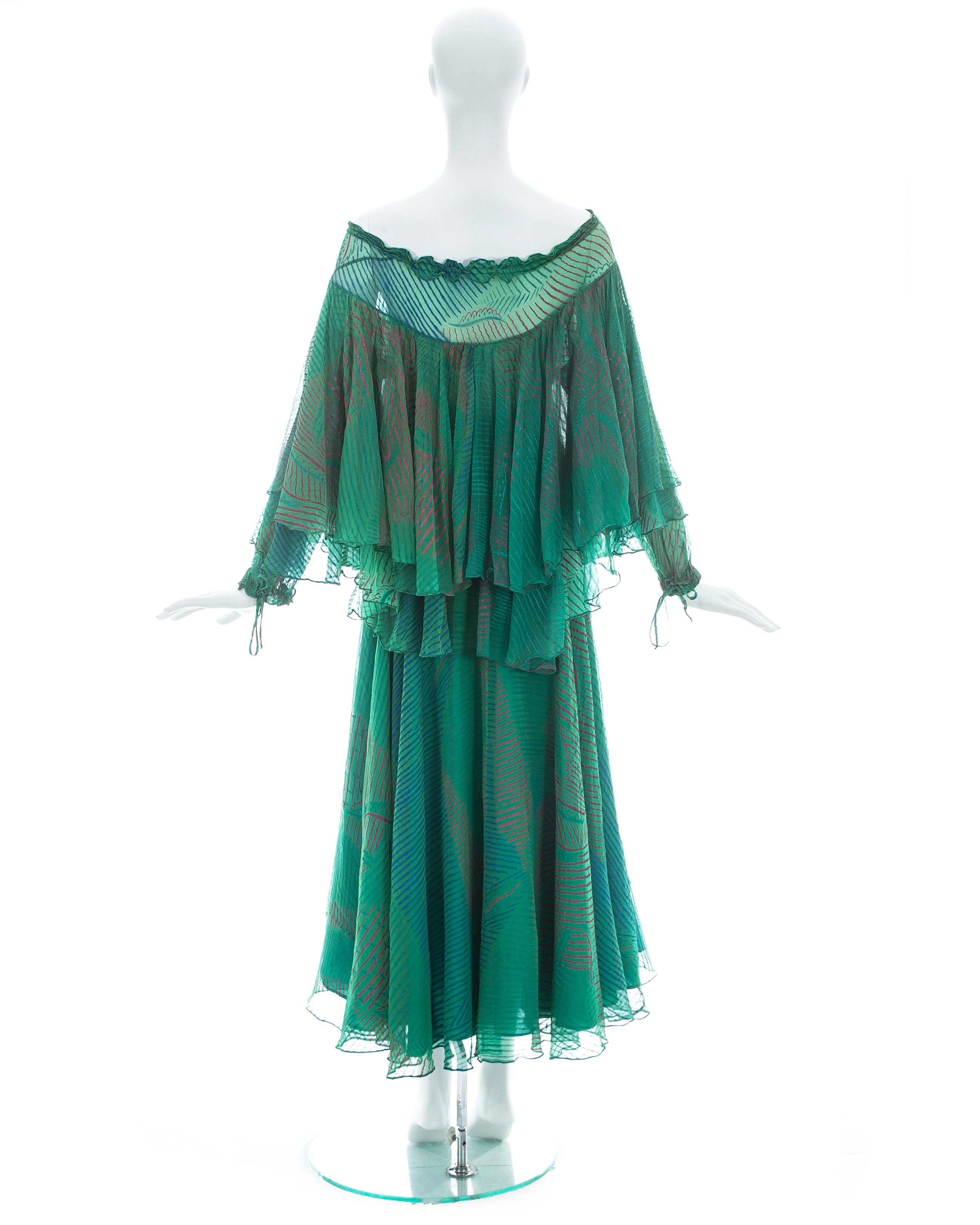 Ossie Clark green silk screen printed off the shoulder dress, ca. 1976 3
