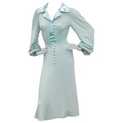 Retro Ossie Clark Moss Crepe Duck Egg Blue Dress c. 1974