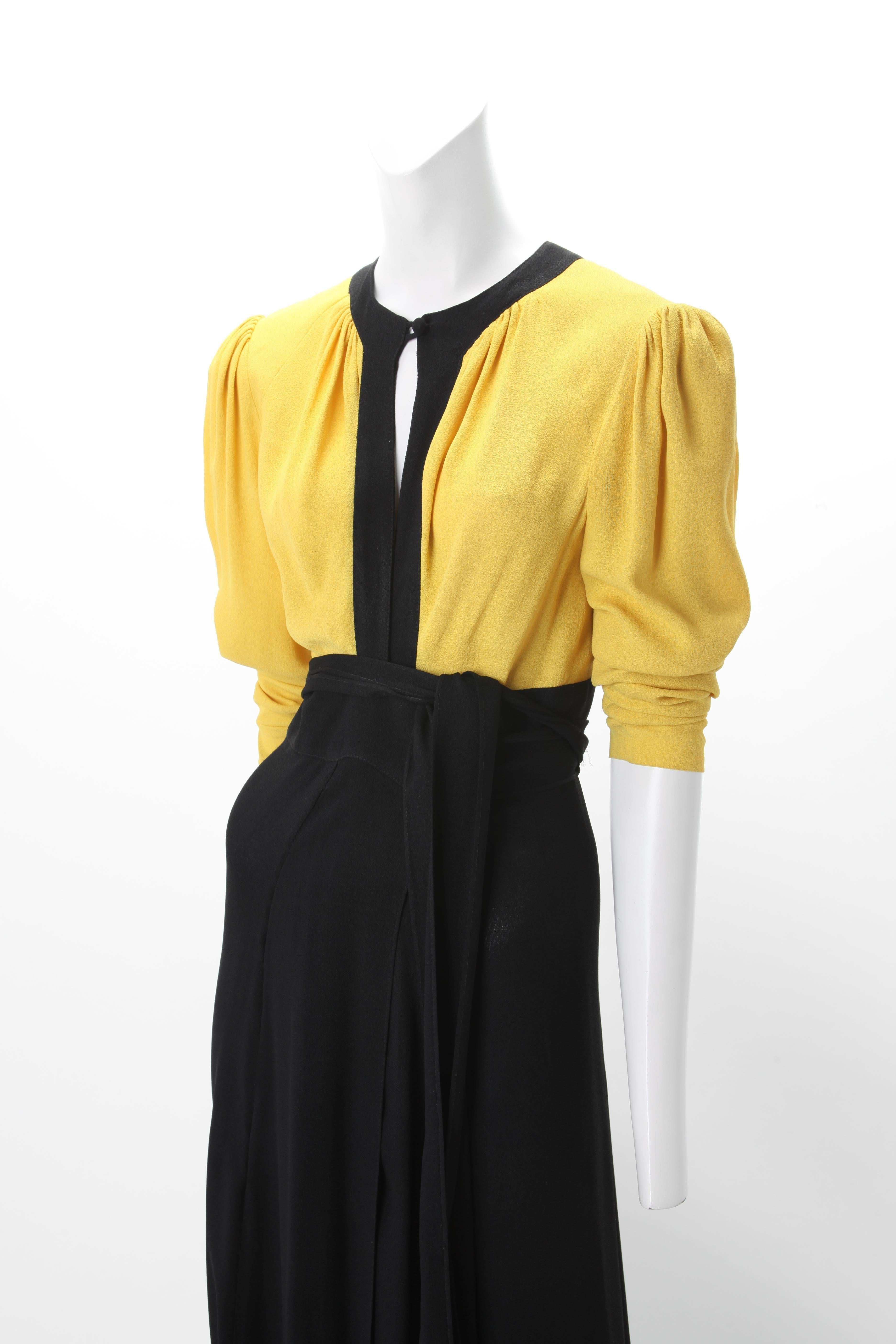Ossie Clark Moss Crepe Wrap Dress c. 1970s UK 38; Black and Yellow Color Block Wrap Dress with Self Ties; Rouleau Button at front and back neckline.