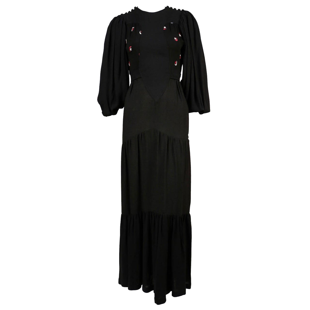 OSSIE CLARK Vestido Quorum de crepé musgo negro con lunas y estrellas bordadas en venta
