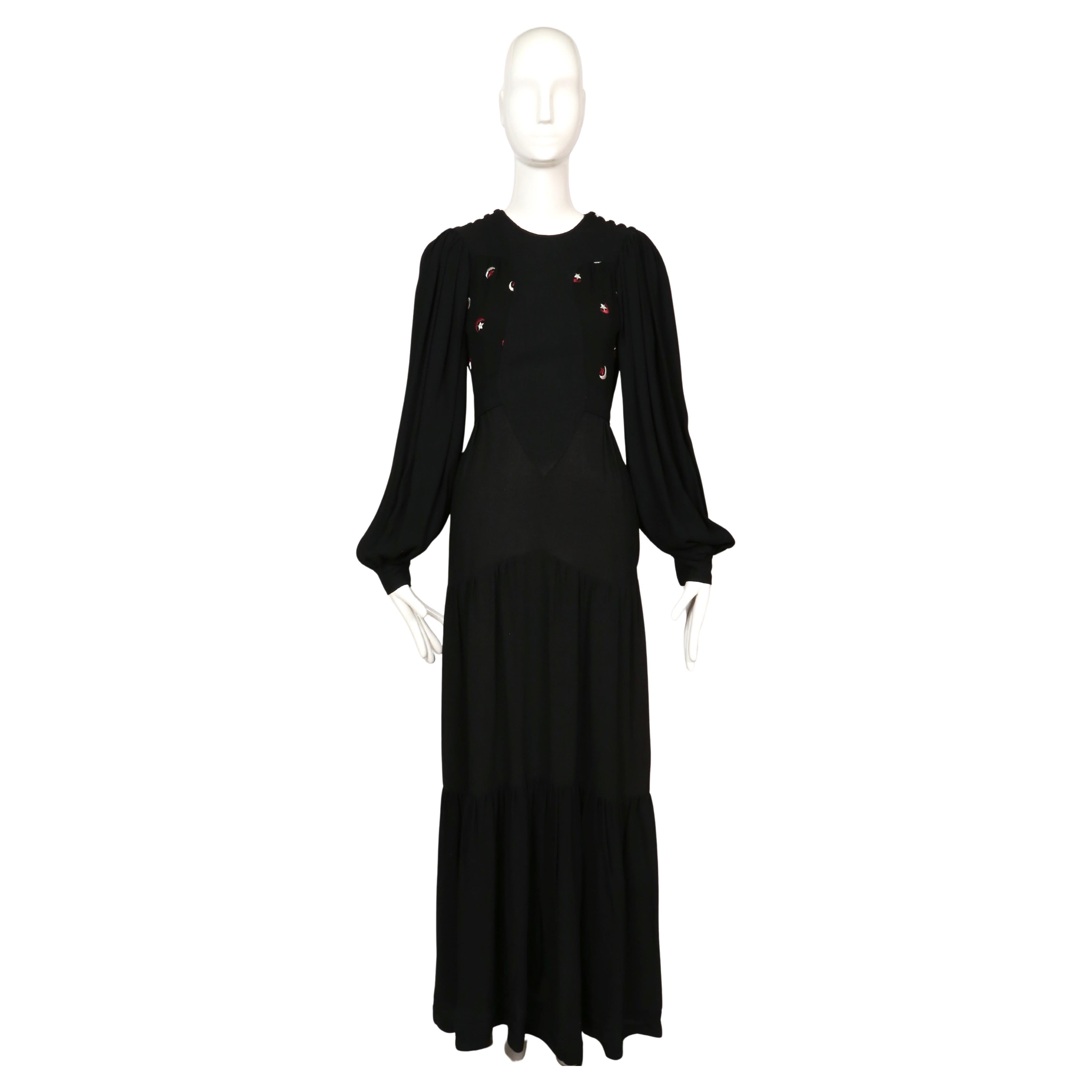 OSSIE CLARK Quorum black moss crepe dress with embroidered moons & stars