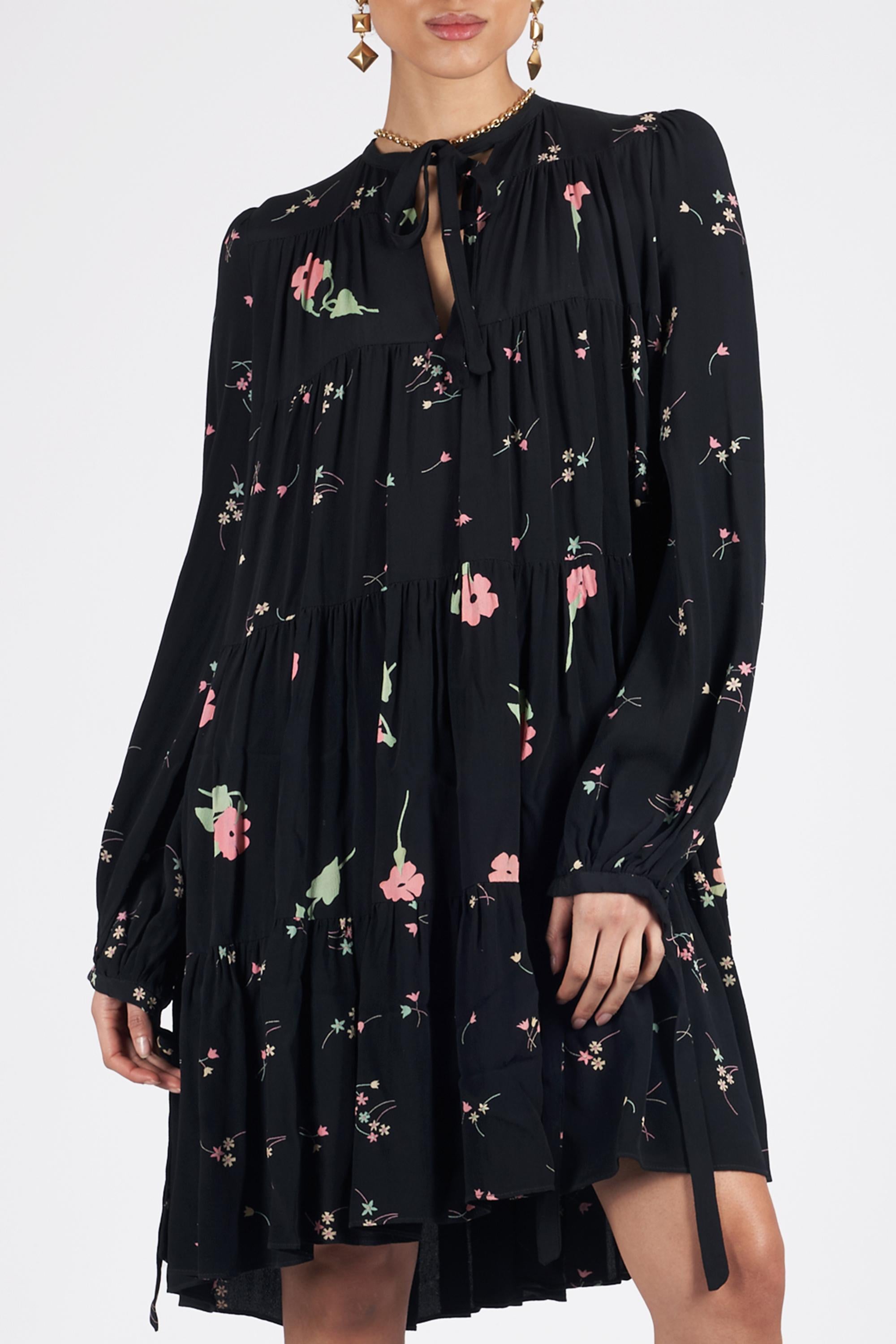 Ossie Clark Vestido Swing Floral Vintage Años 70 Negro en venta
