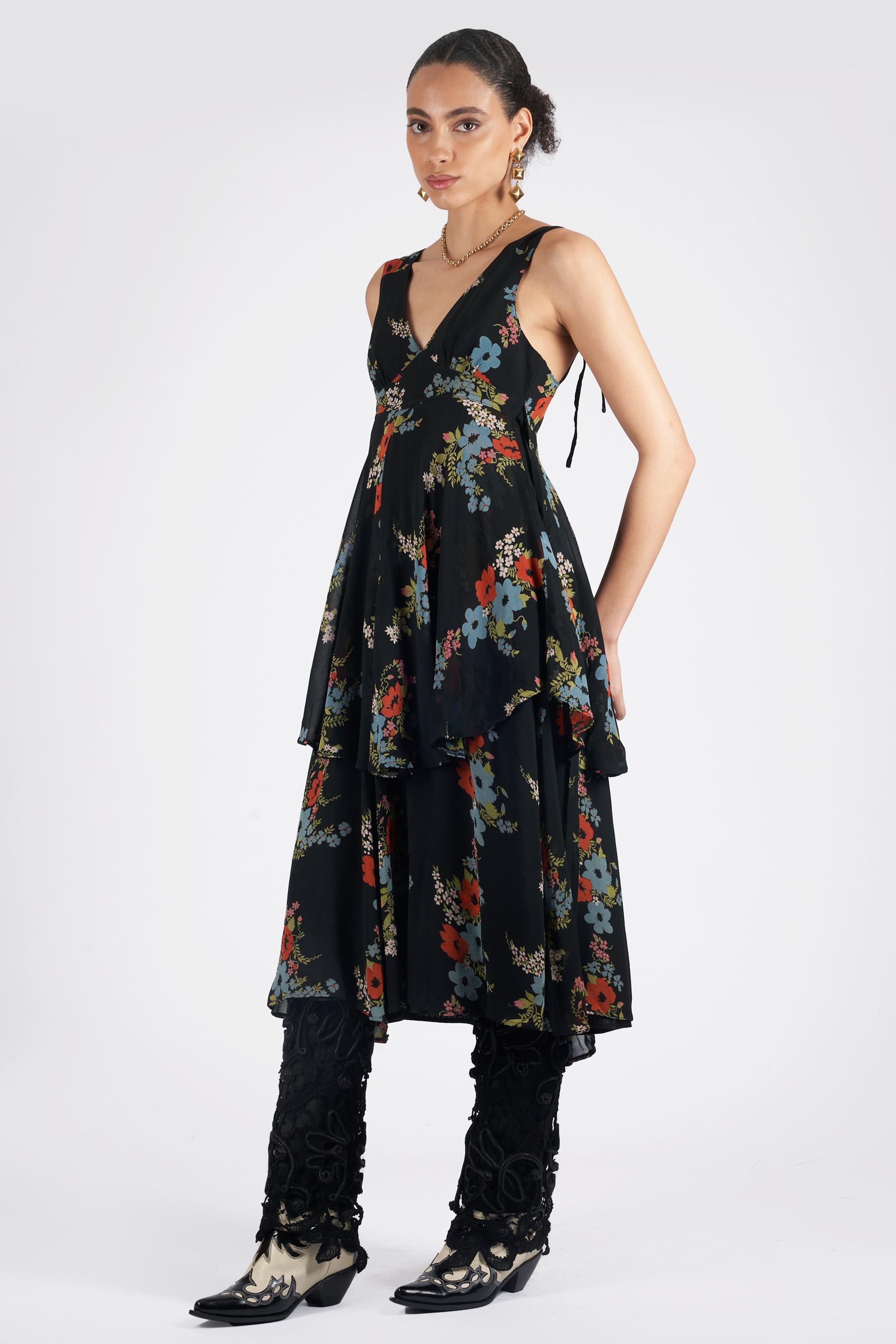 Black Ossie Clark Vintage 1970’s Sleeveless Floral Layered Dress
