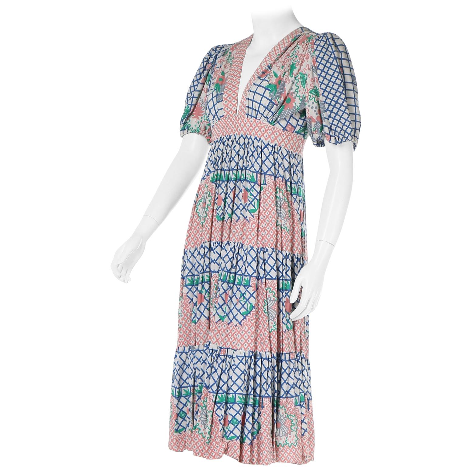 Ossie Clark w/Celia Birtwell Print Short-Sleeved Cotton Dress w/Plunge Neckline