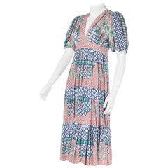 Vintage Ossie Clark w/Celia Birtwell Print Short-Sleeved Cotton Dress w/Plunge Neckline
