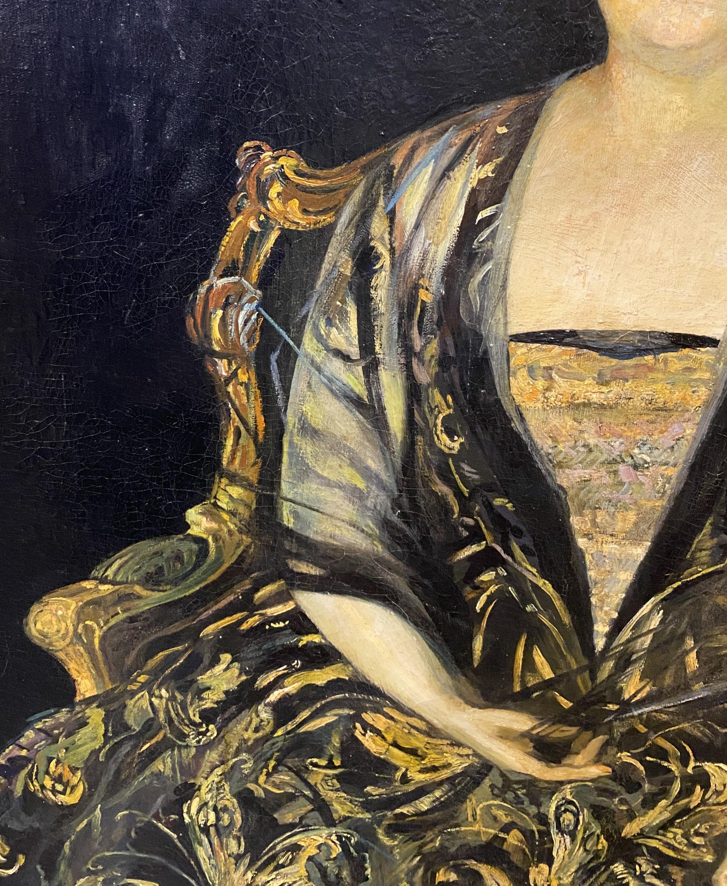 Un bel ritratto a figura intera di Janet Thurston Newbold dell'artista russo-americano Ossip Perelma (1876-1949). Perelma è nato a Odessa, in Russia, ha studiato all'Imperial Russia Academy di Pietrogrado e all'Ecole des Beaux Arts di Parigi. Dopo