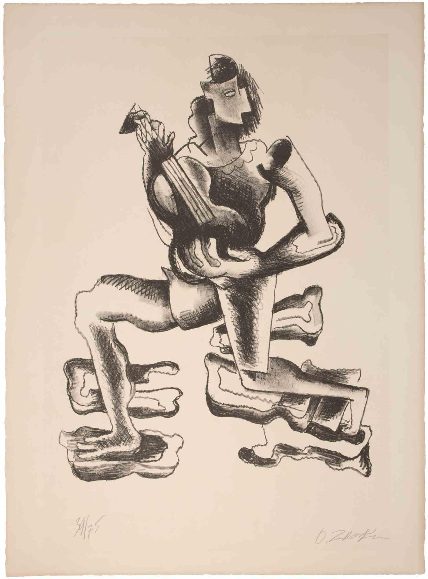 Guitar Player is a contemporary artwork realized by Ossip Zadkine

Lithograph on BFK Rives, with watermark and dry stamp 'Bodensee Verlag'.

Includes passepartout each 87,5 x 68 cm.

Hand signed on the lower right and numbered '39/75' lower