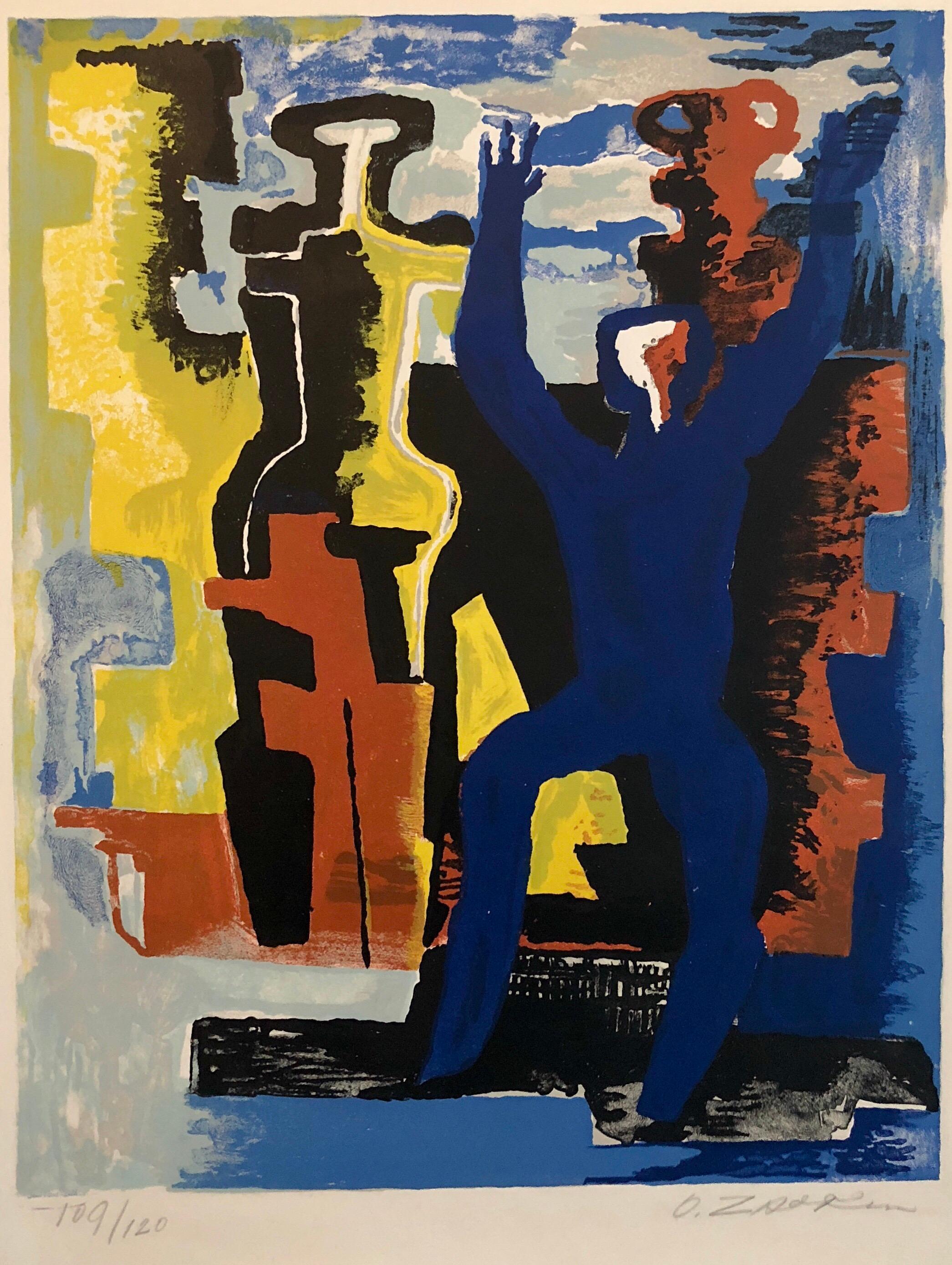 Large Cubist Color French Lithograph Zadkine Figures Les messagers du jour - Print by Ossip Zadkine