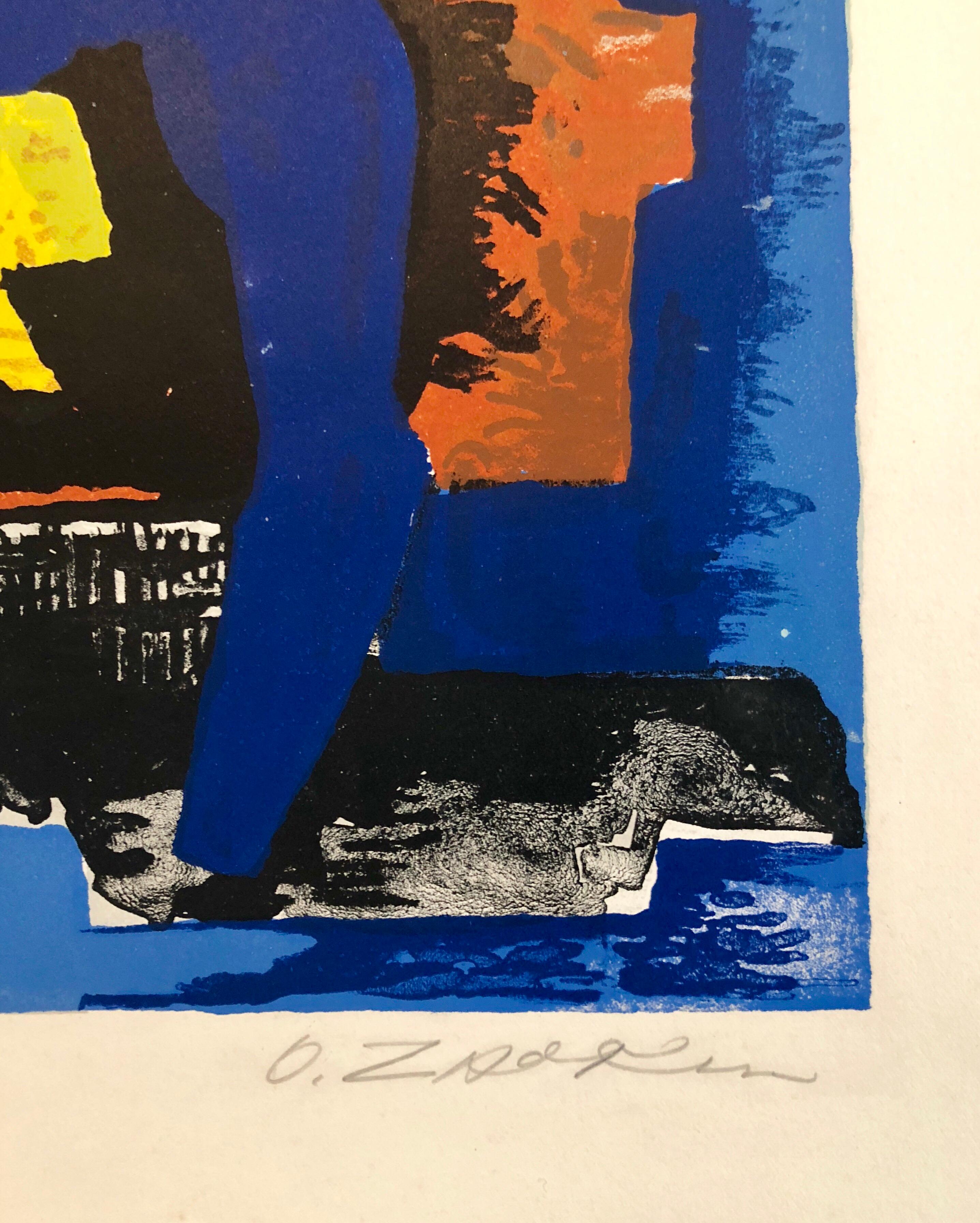 Large Cubist Color French Lithograph Zadkine Figures Les messagers du jour - Beige Figurative Print by Ossip Zadkine