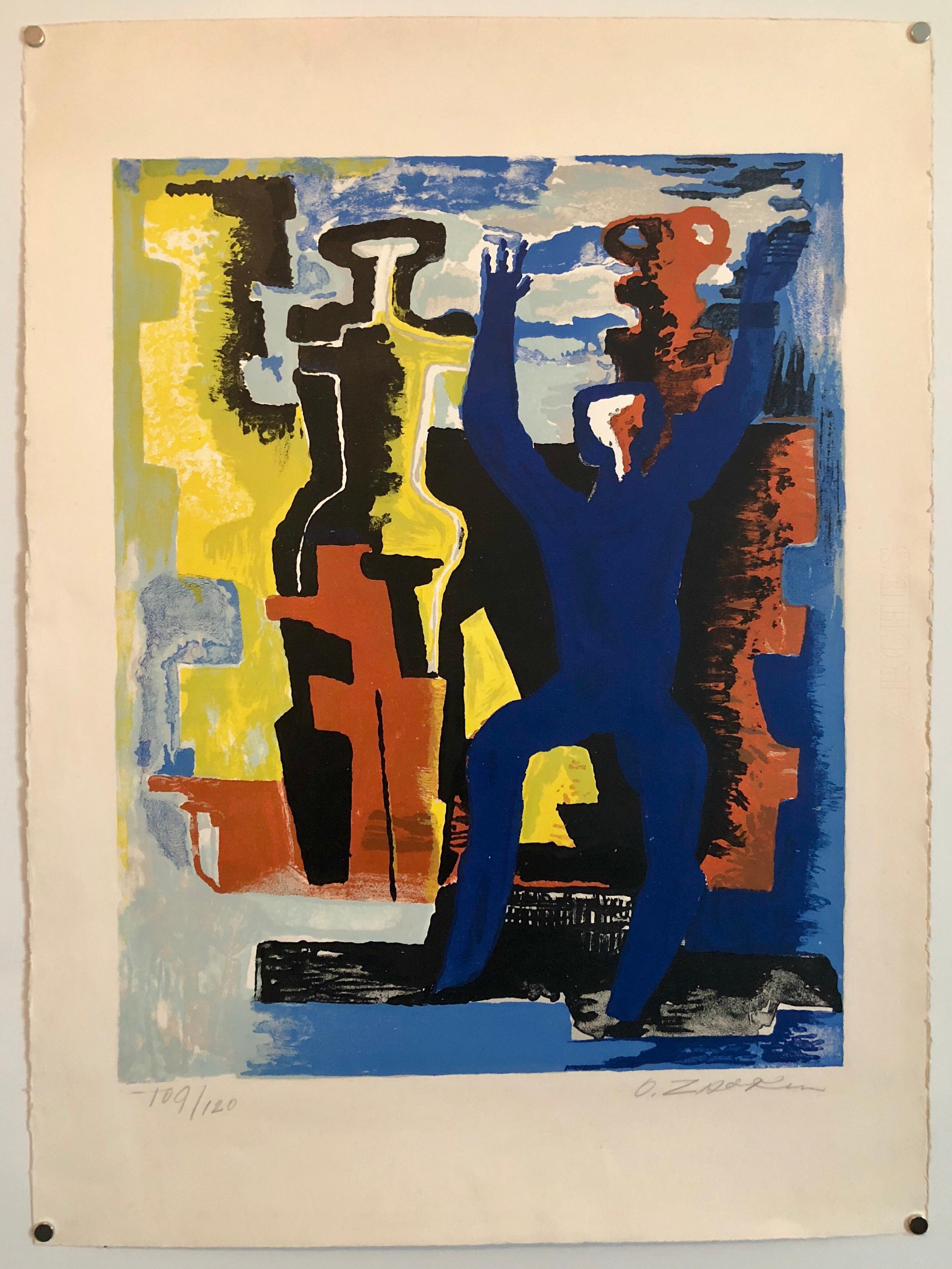 Ossip Zadkine (Russian 1888 – 1967) was a Russian-born artist who lived in France. He is primarily known as a Cubist sculptor, but in in addition to sculpture also produced paintings and lithographs,
Zadkine was born on 28 January 1888 as Yossel