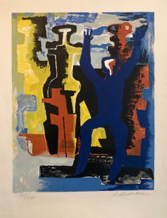 Large Cubist Color French Lithograph Zadkine Figures Les messagers du jour 