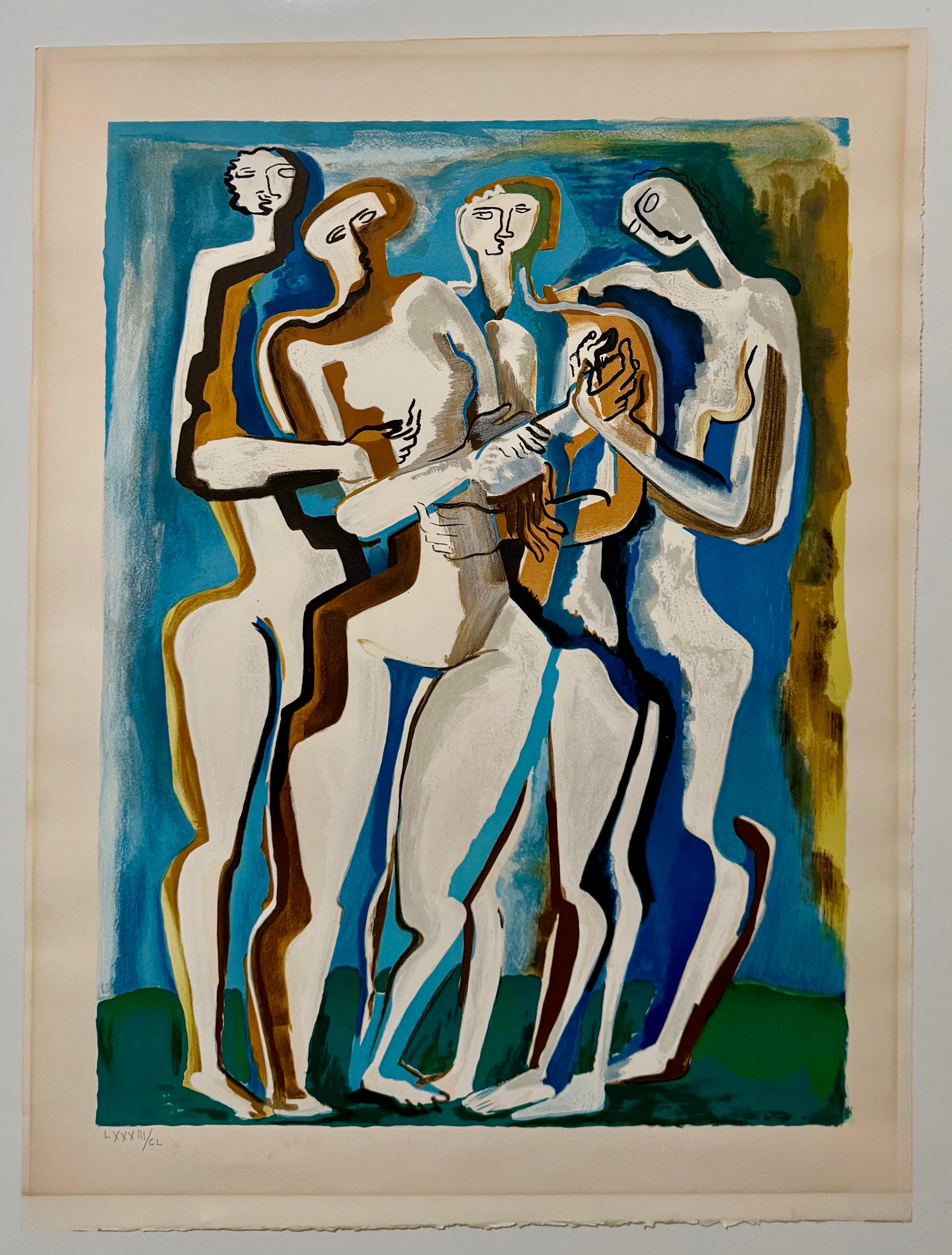Large Cubist Modernist Color French Lithograph Zadkine Figures La Famille - Print by Ossip Zadkine