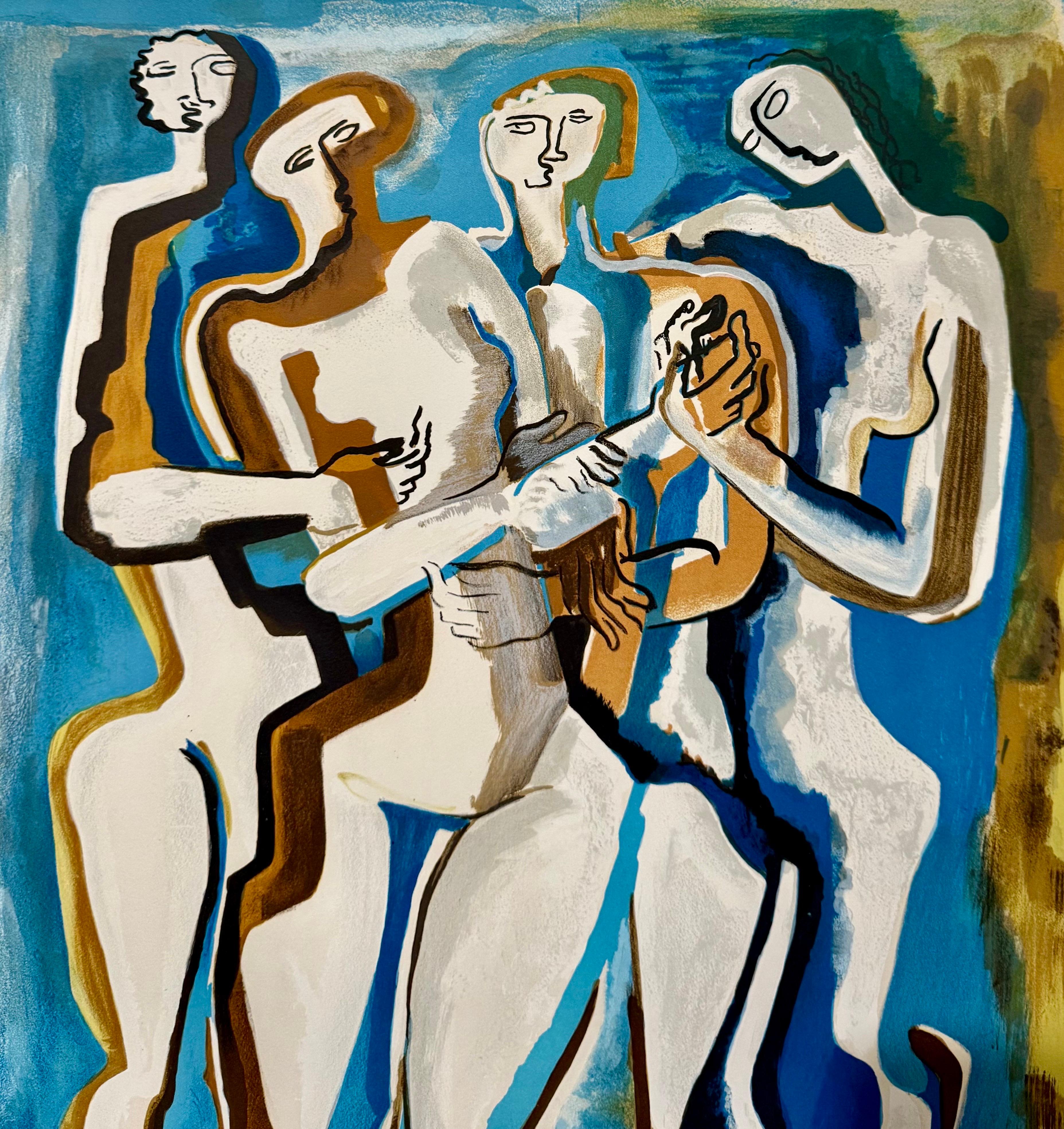 Large Cubist Modernist Color French Lithograph Zadkine Figures La Famille For Sale 2