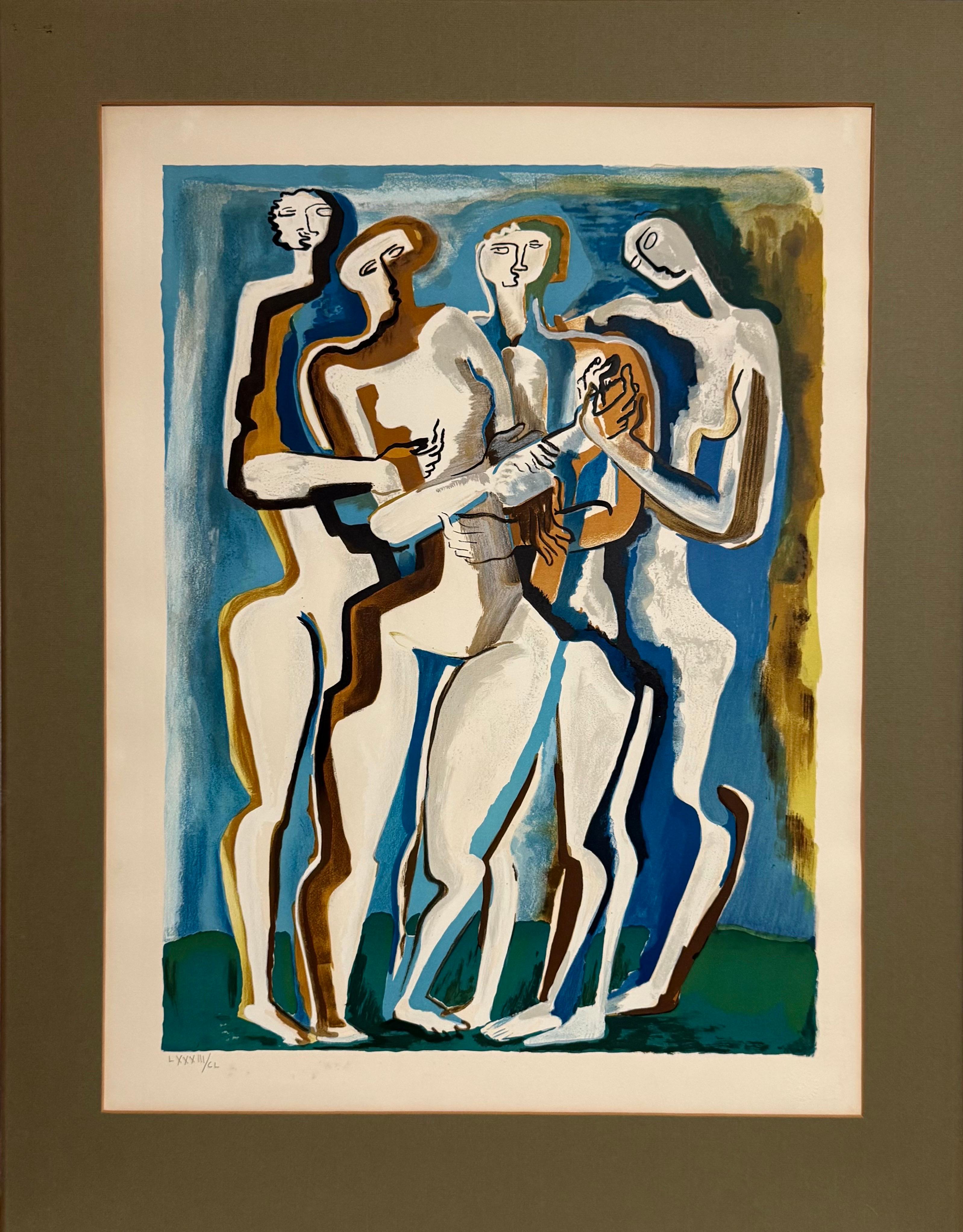 Large Cubist Modernist Color French Lithograph Zadkine Figures La Famille For Sale 3
