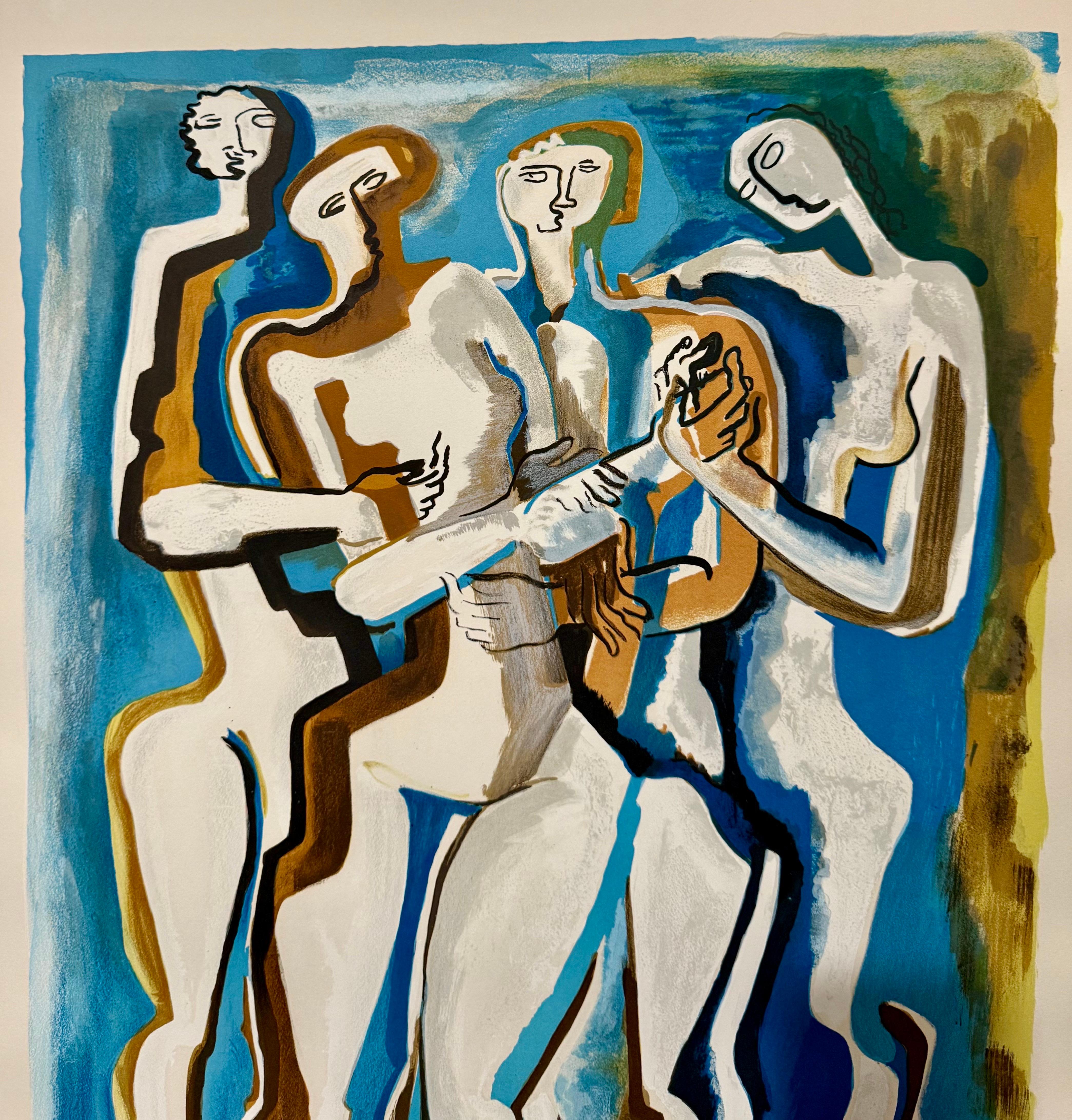 Large Cubist Modernist Color French Lithograph Zadkine Figures La Famille For Sale 4