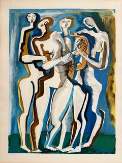 Large Cubist Modernist Color French Lithograph Zadkine Figures La Famille