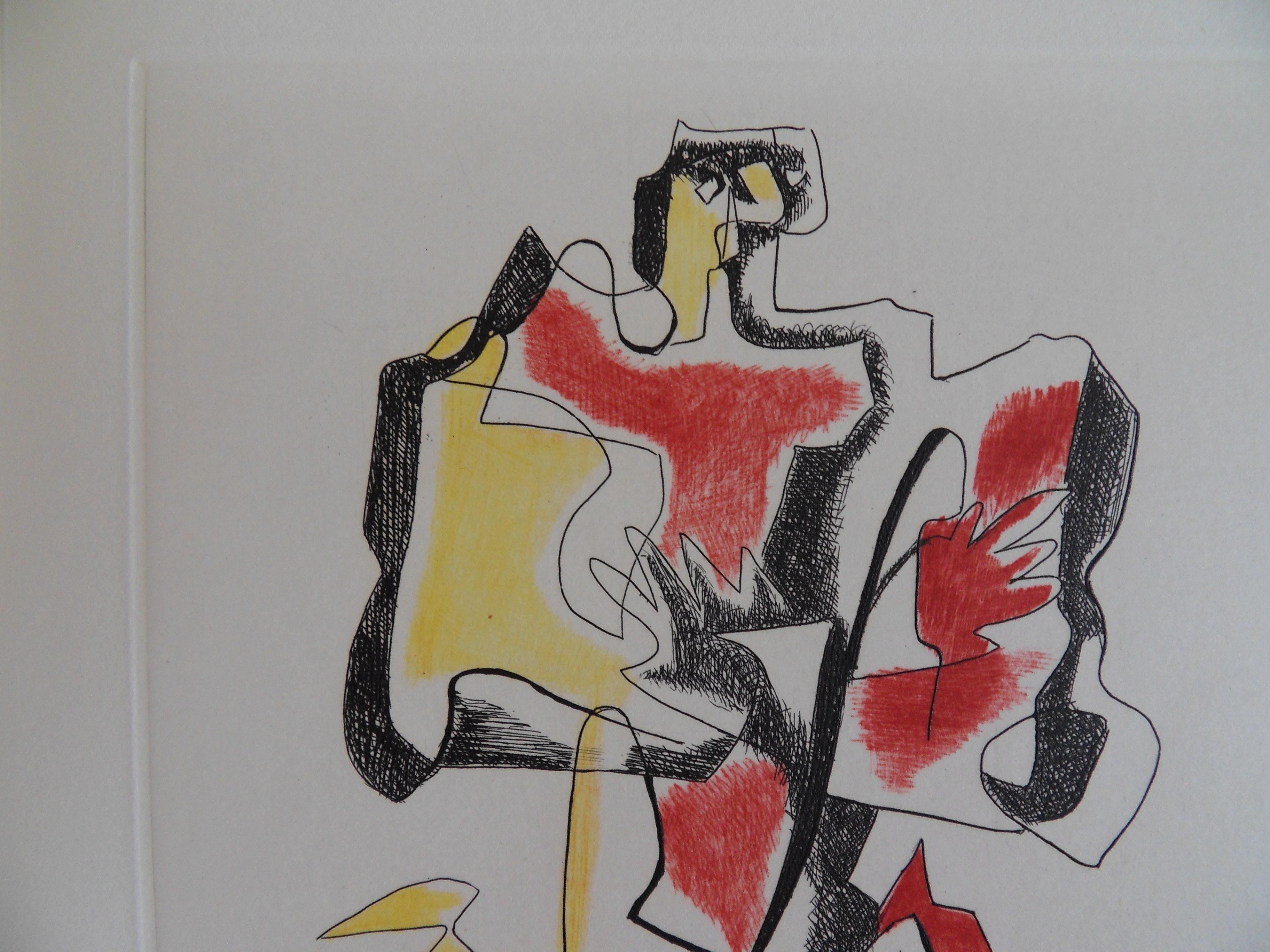 Man in Yellow and Red - Surrealist Original Etching - Gray Figurative Print by Ossip Zadkine