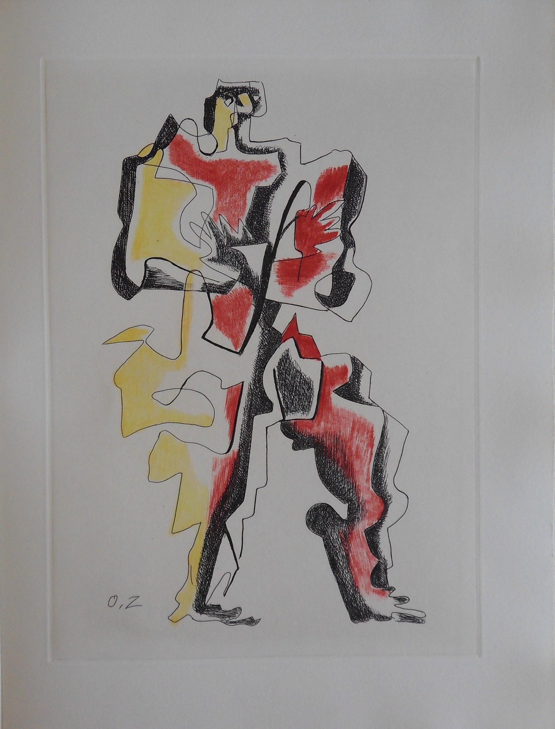 Ossip Zadkine Figurative Print - Man in Yellow and Red - Surrealist Original Etching